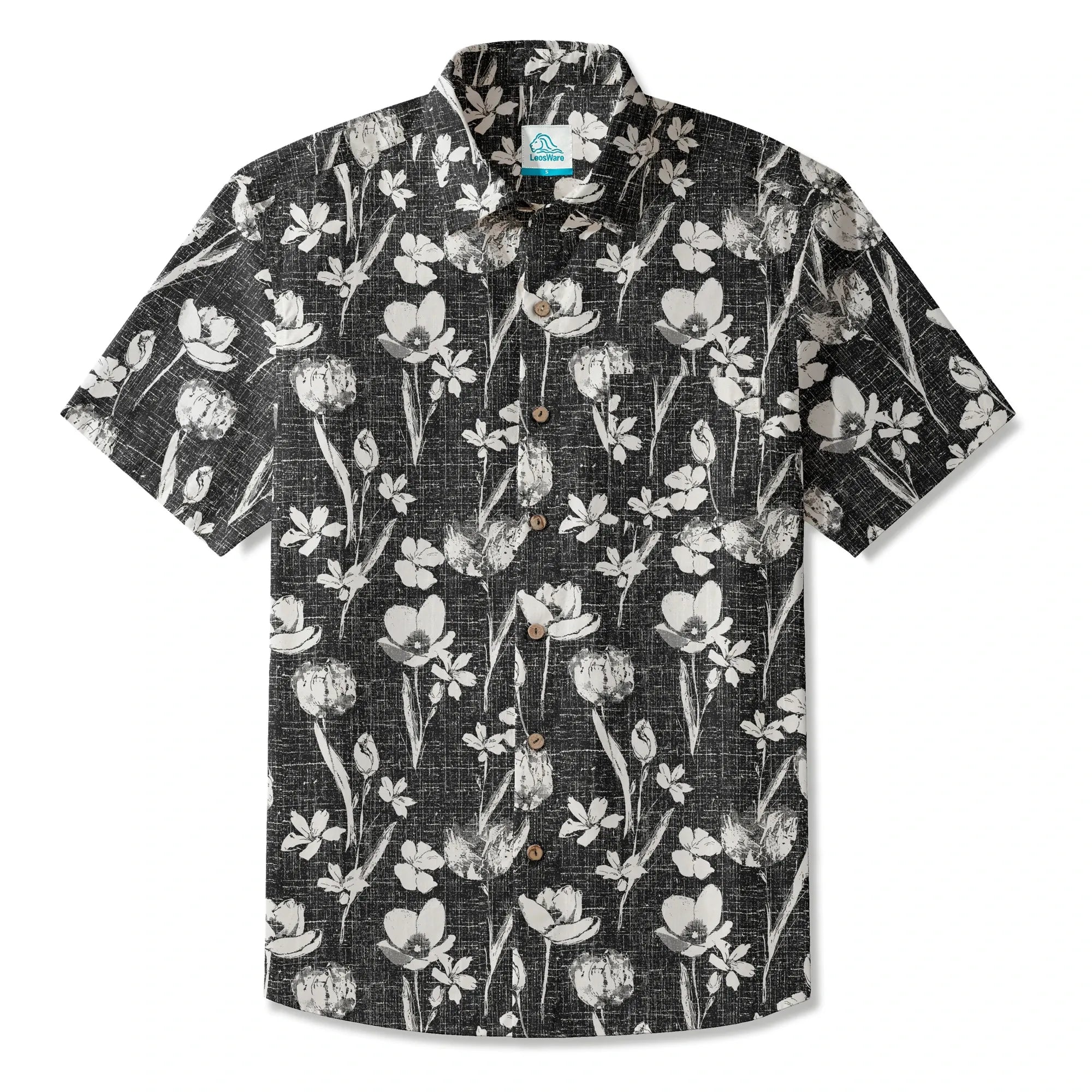 LeosWare® Flower Men's Hawaiian Shirt Short Sleeve Button-up 100% Cotton Black Aloha Ink Strokes And Flower Traces
