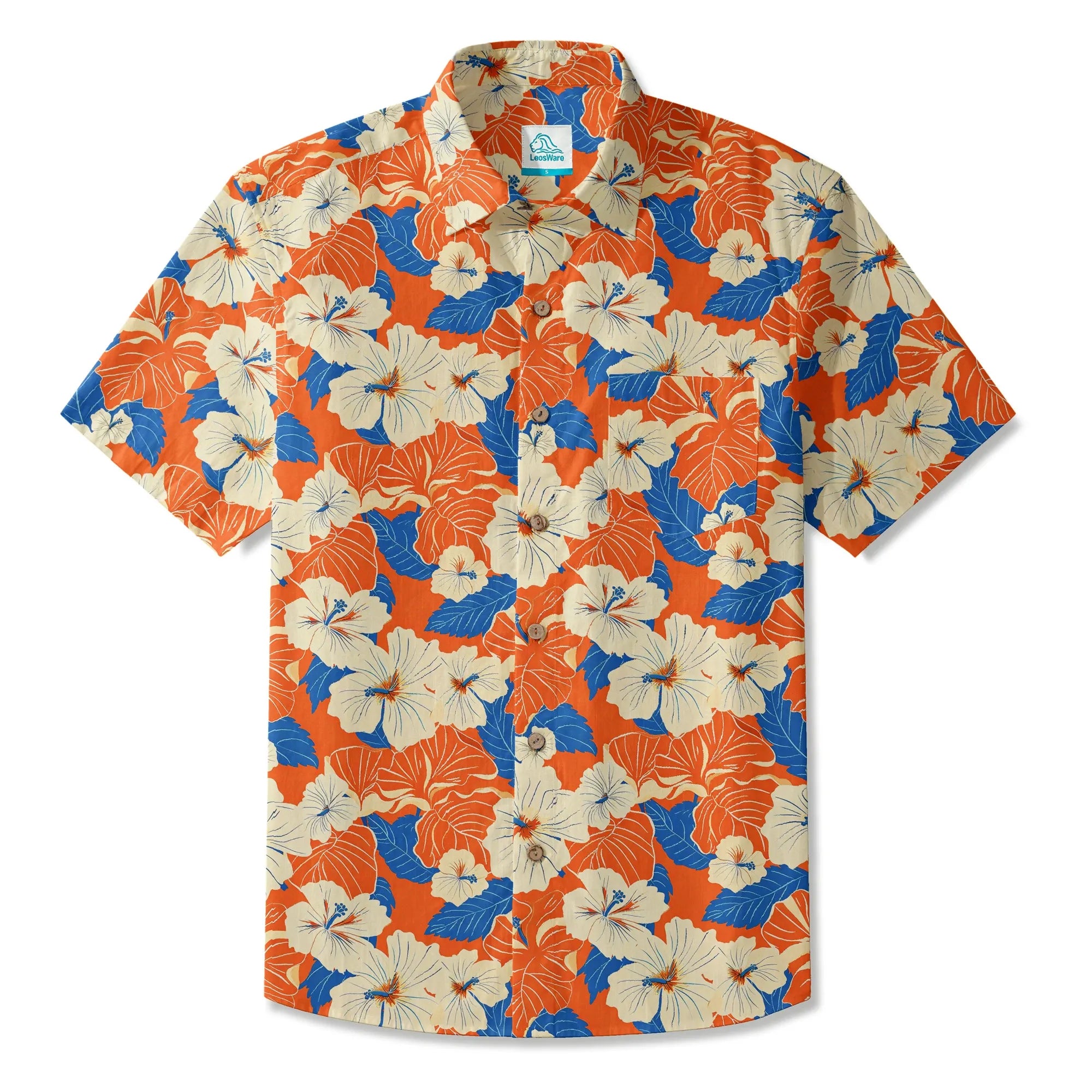 LeosWare® Men's Hawaiian Shirt Short Sleeve Button-up 100% Cotton Orange Aloha Orange Blue Hibiscus Whispers