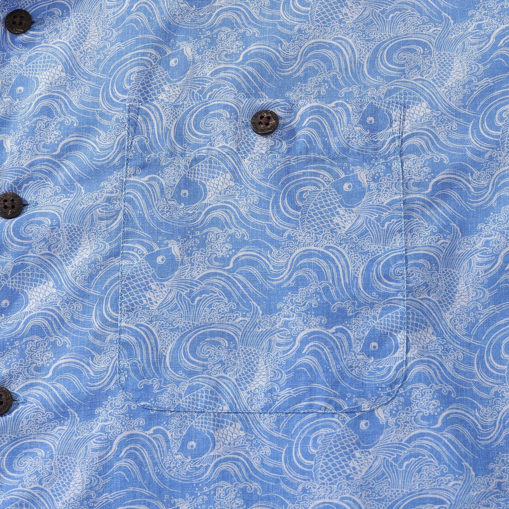 Hawaiian Shirts For Men Traditional Koi Carp Printed 100% Cotton Short Sleeve - Blue