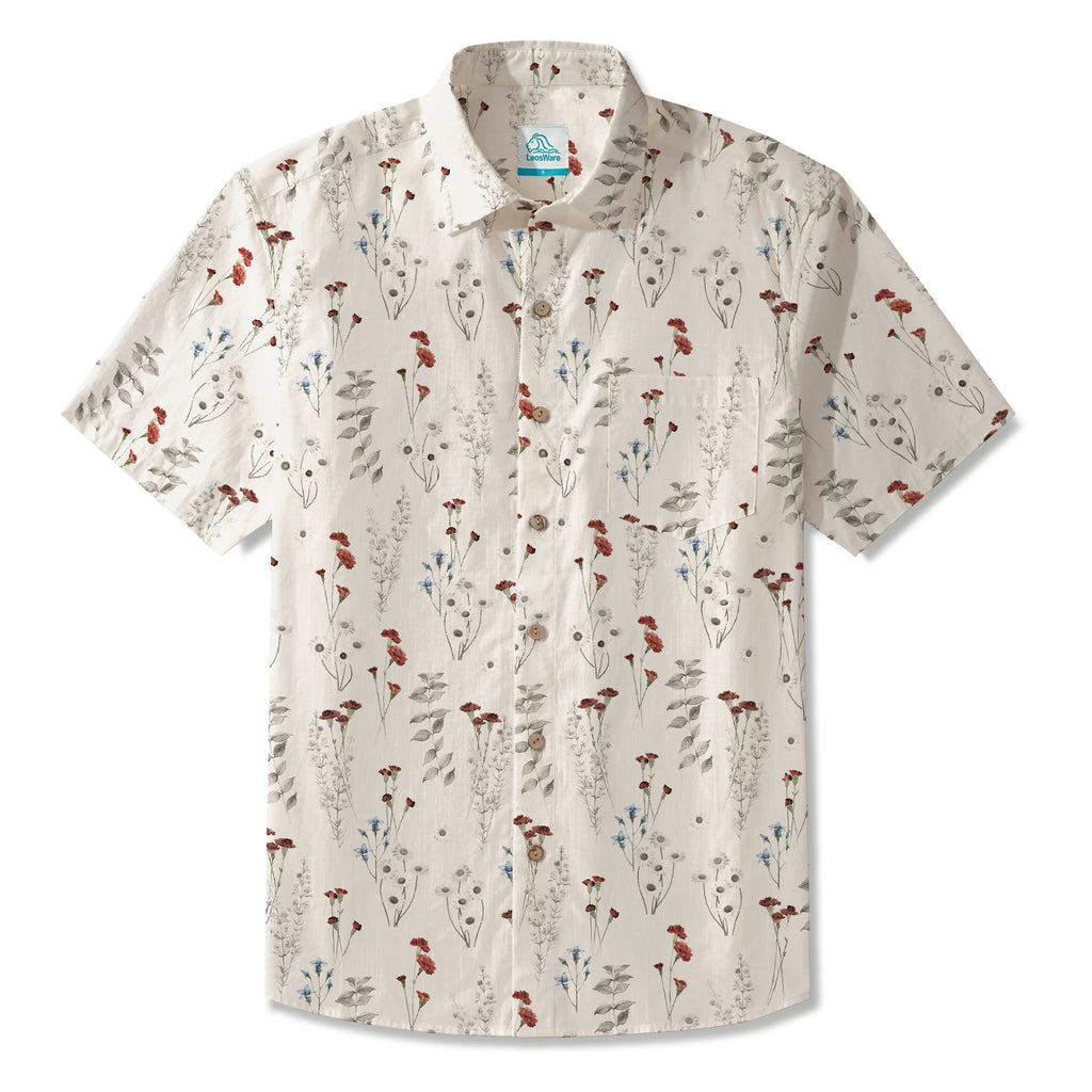 LeosWare® Men's Hawaiian Shirt Short Sleeve Button-up 100% Cotton Beige Aloha Field Of Wildflowers
