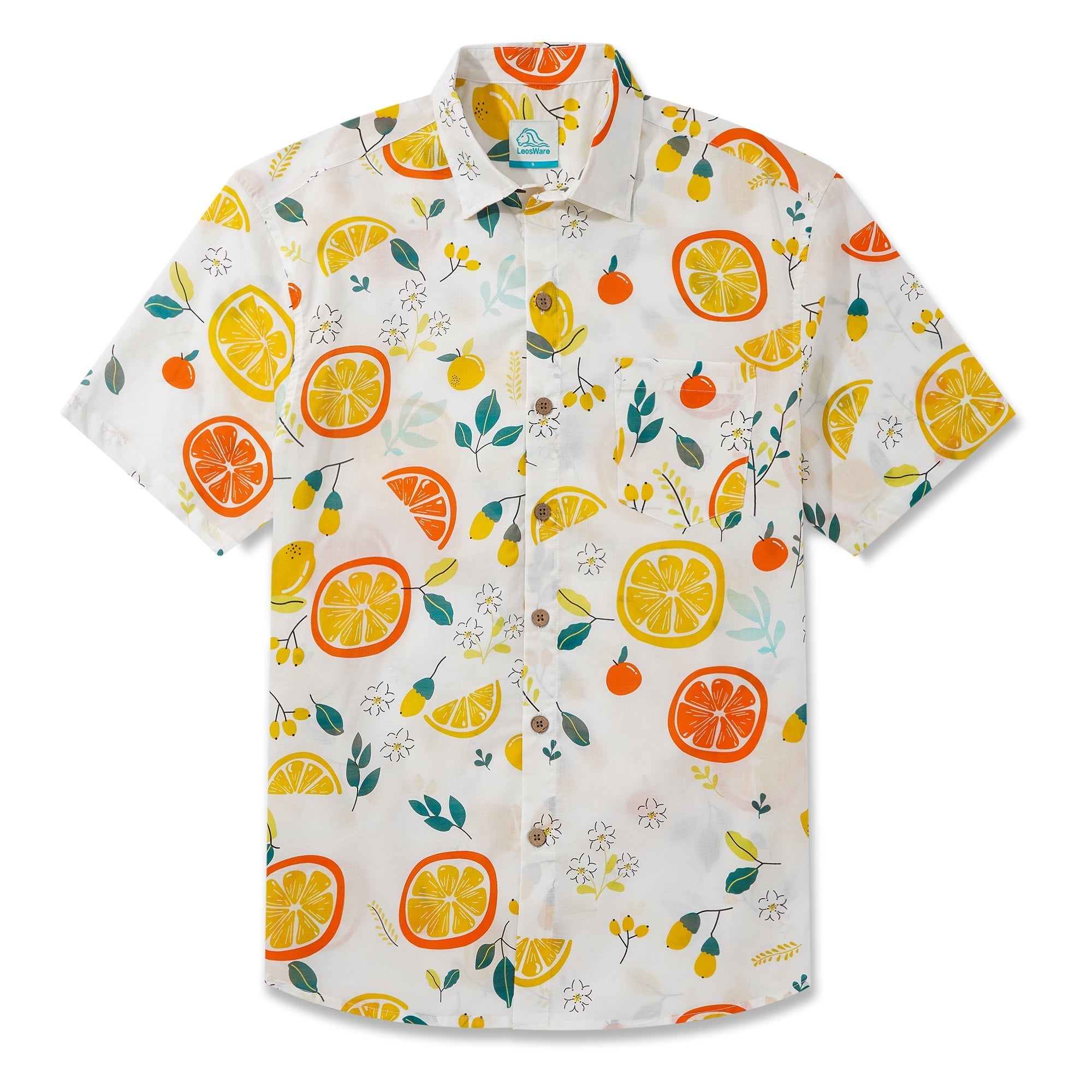 LeosWare® Men's Hawaiian Shirt Short Sleeve Button-up 100% Cotton Yellow Aloha Summer Fruit Guide