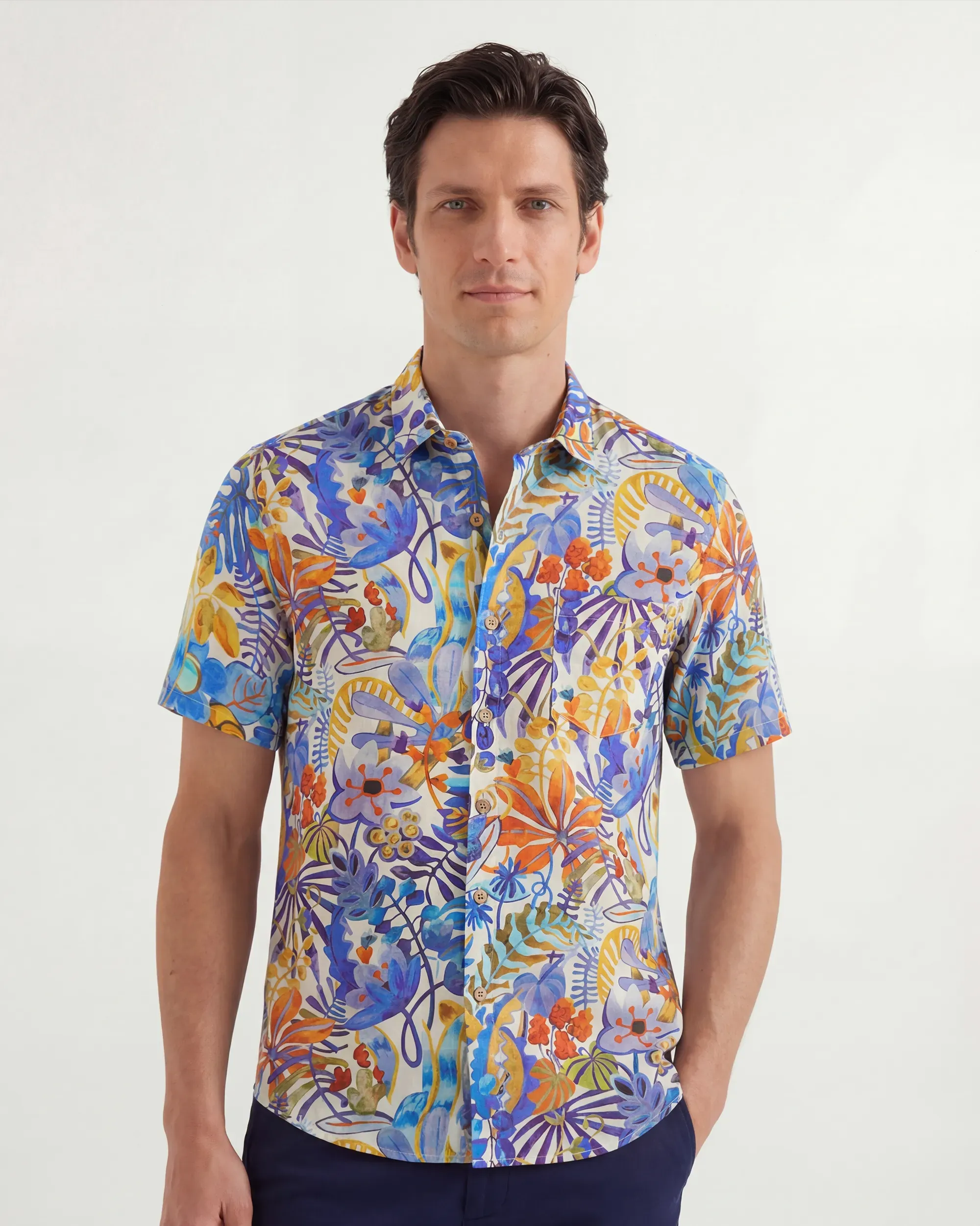 LeosWare® Men's Hawaiian Shirt Short Sleeve Button-up 100% Cotton Blue Aloha Tropical Floral Painting