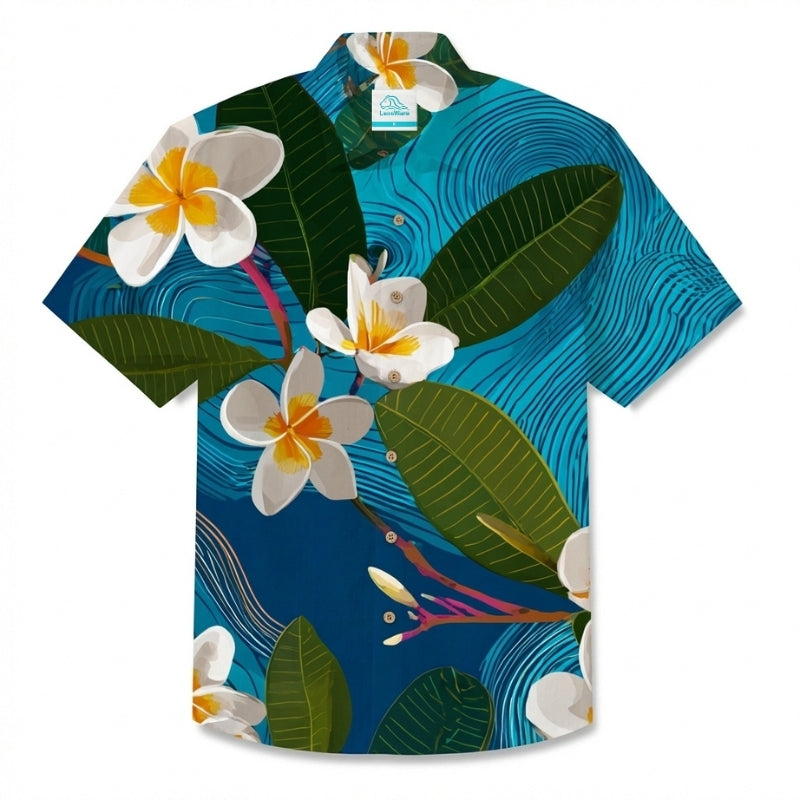 LeosWare® Men's Hawaiian Shirt Short Sleeve Button-up Breathable & Quick-Dry Aloha Plumeria At Sea