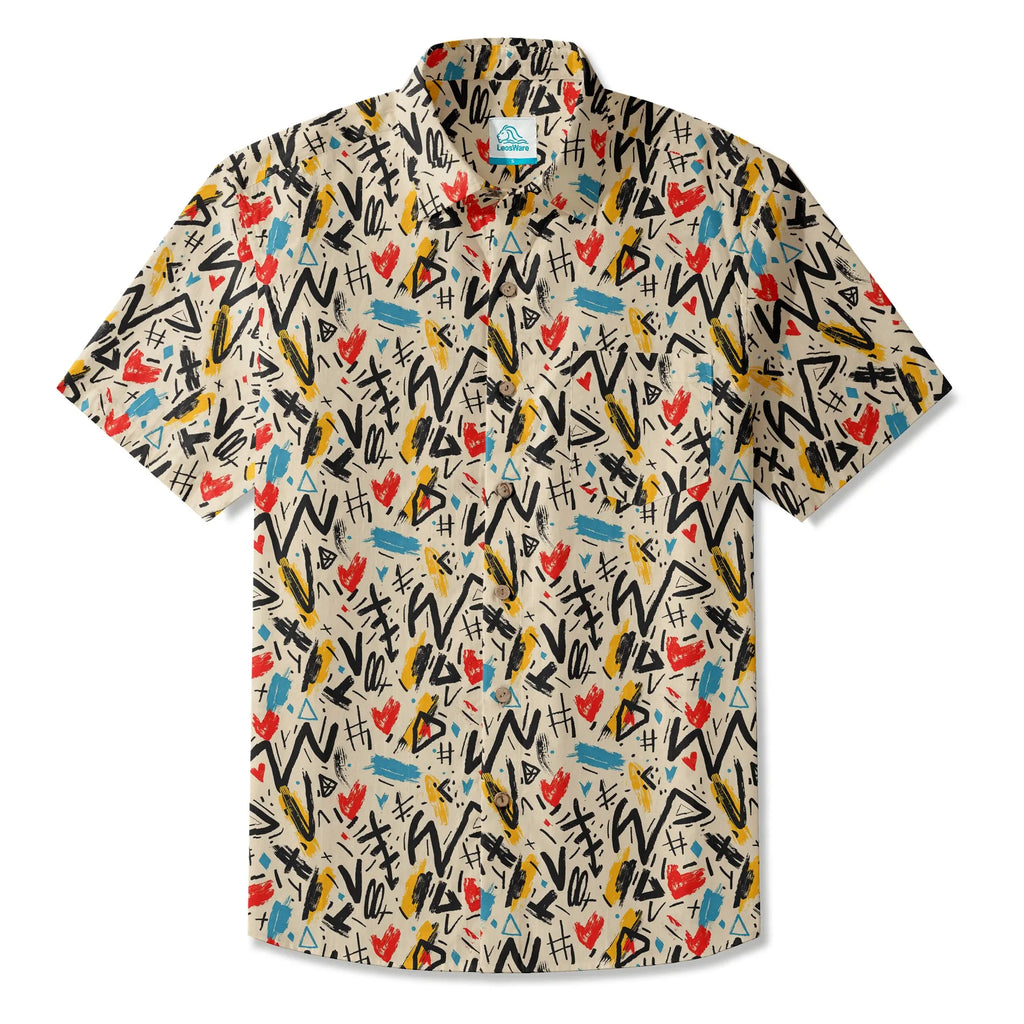 LeosWare® Men's Hawaiian Shirt Short Sleeve Button-up 100% Cotton Beige Aloha Graffiti Impressions