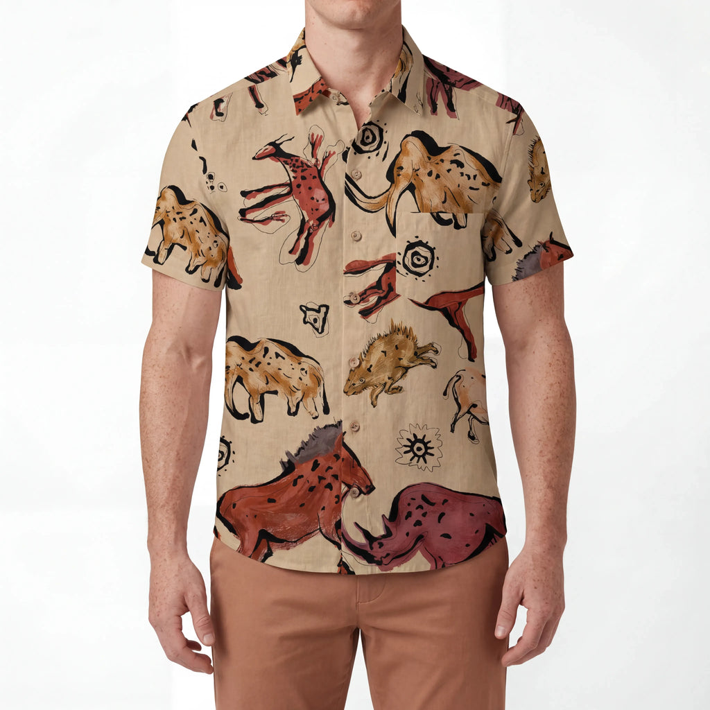 LeosWare® Men's Hawaiian Shirt Short Sleeve Button-up 100% Cotton Red Aloha Vintage Cave Art Print