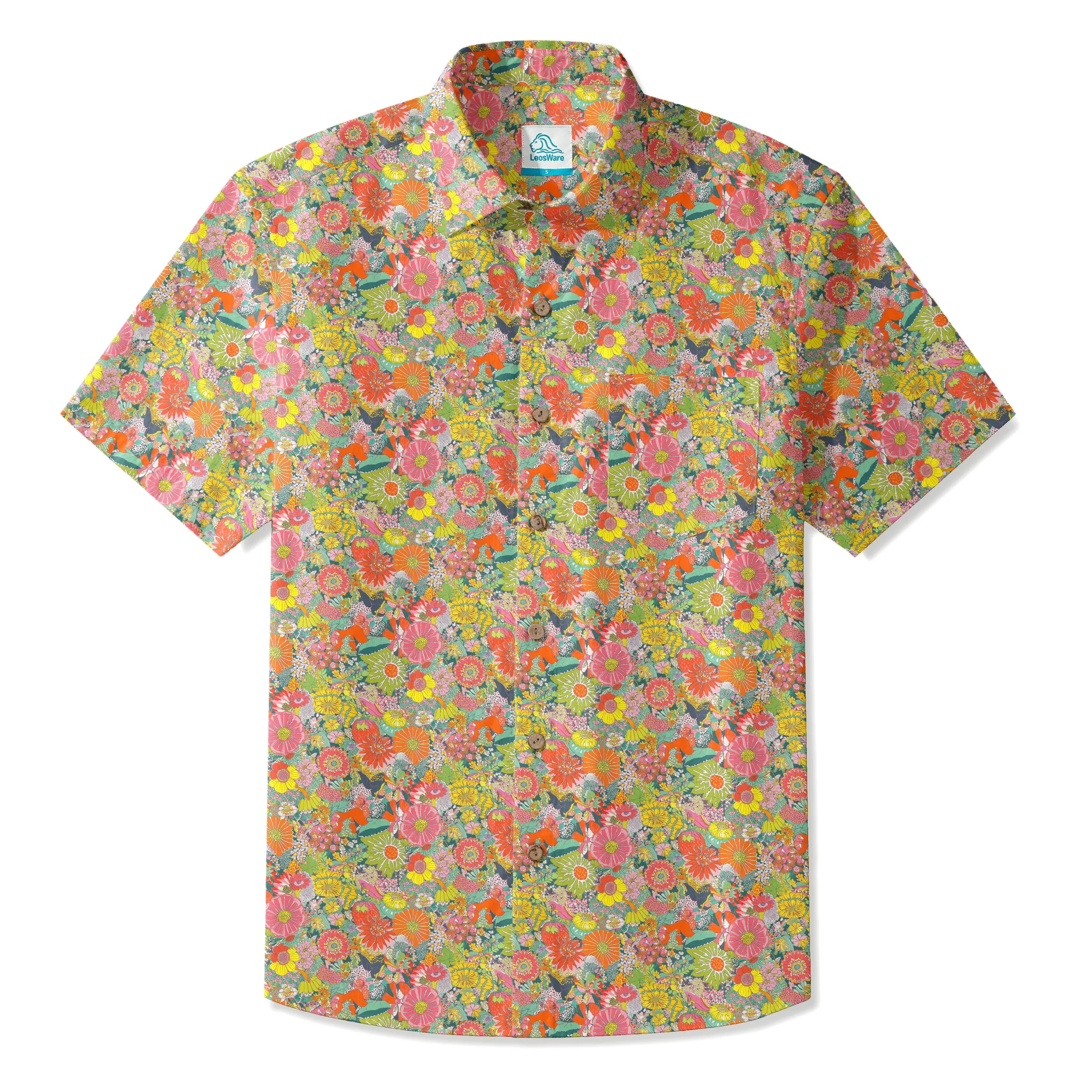LeosWare® Men's Hawaiian Shirt Short Sleeve Button-up 100% Cotton Green Aloha Spring Blossom Notes