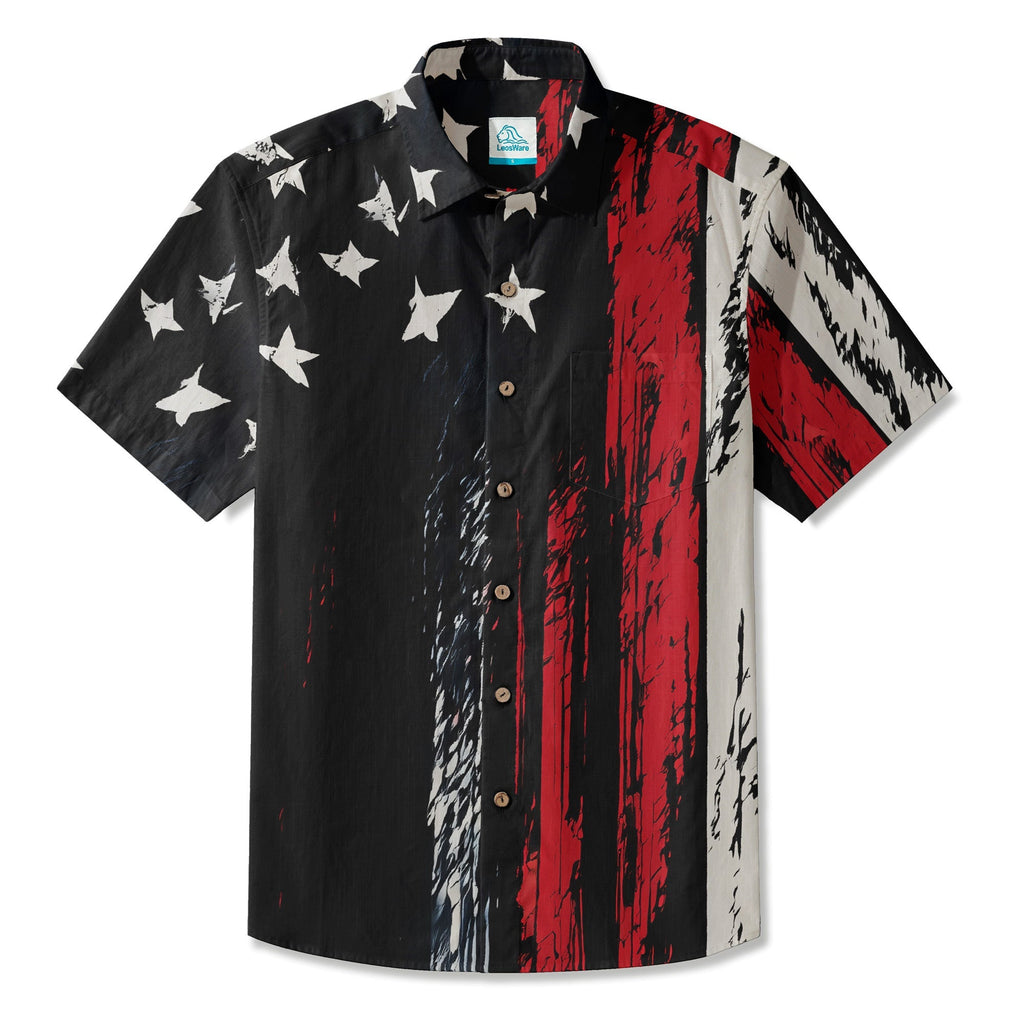 LeosWare® Men's Hawaiian Shirt Short Sleeve Button-up Breathable & Quick-Dry Aloha Black Flag