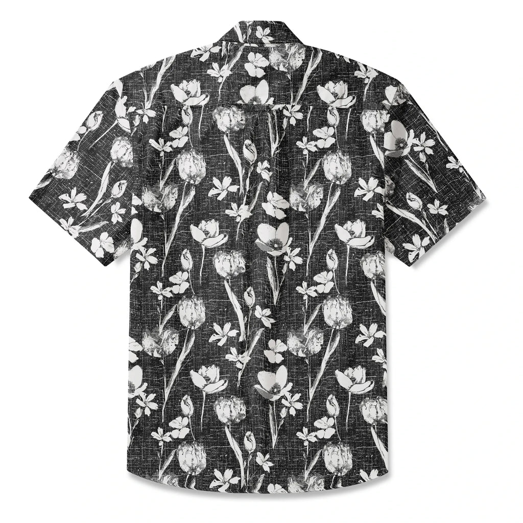 LeosWare® Flower Men's Hawaiian Shirt Short Sleeve Button-up 100% Cotton Black Aloha Ink Strokes And Flower Traces