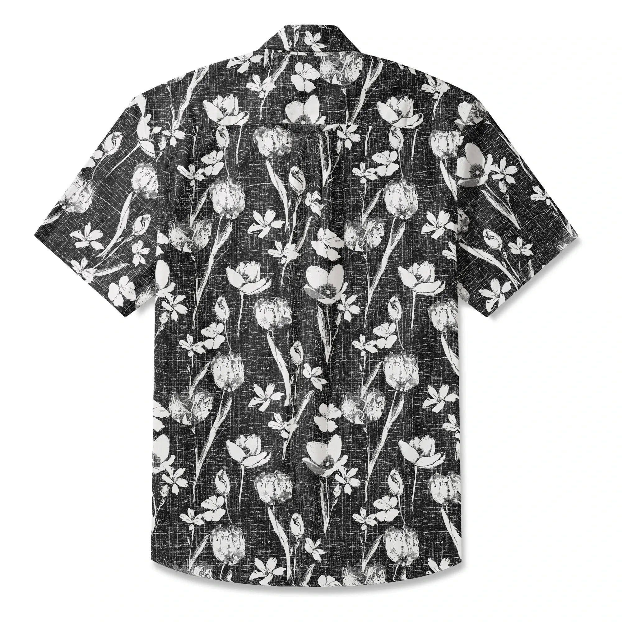 LeosWare® Flower Men's Hawaiian Shirt Short Sleeve Button-up 100% Cotton Black Aloha Ink Strokes And Flower Traces