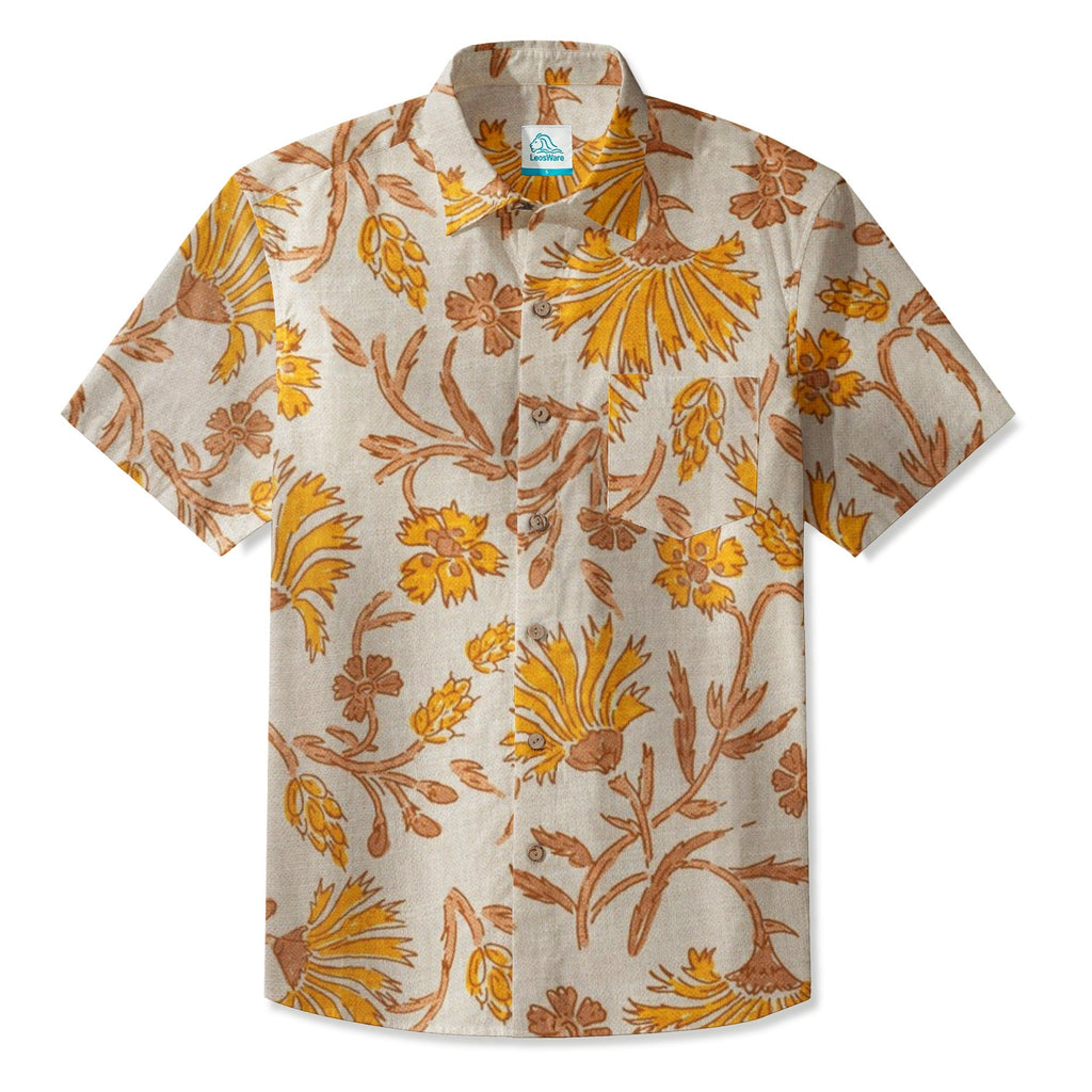 LeosWare® Men's Hawaiian Shirt Short Sleeve Button-up Breathable & Quick-Dry Aloha Golden Bloom