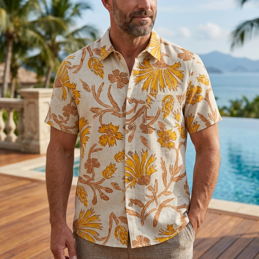 LeosWare® Men's Hawaiian Shirt Short Sleeve Button-up Breathable & Quick-Dry Aloha Golden Bloom