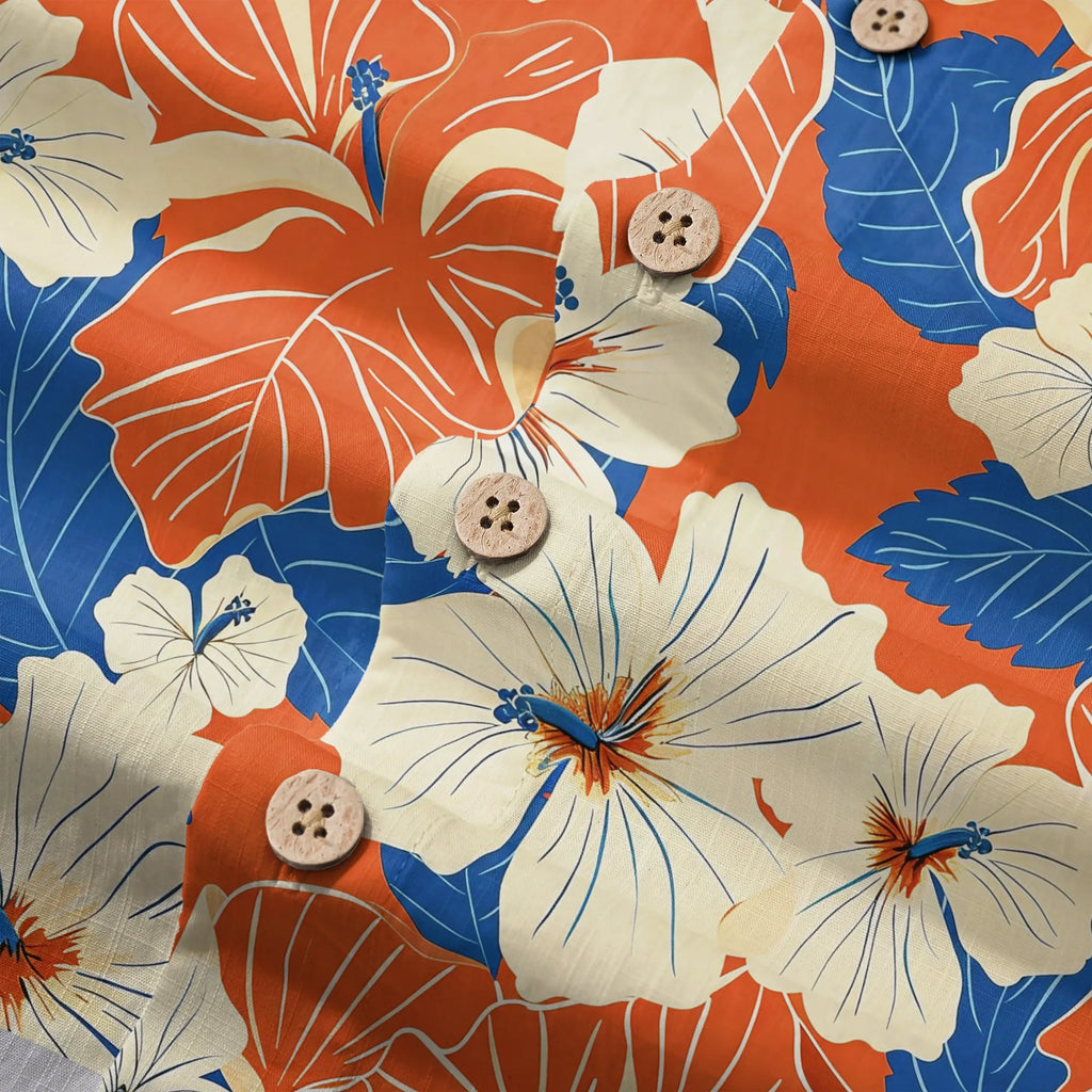 LeosWare® Men's Hawaiian Shirt Short Sleeve Button-up 100% Cotton Orange Aloha Orange Blue Hibiscus Whispers