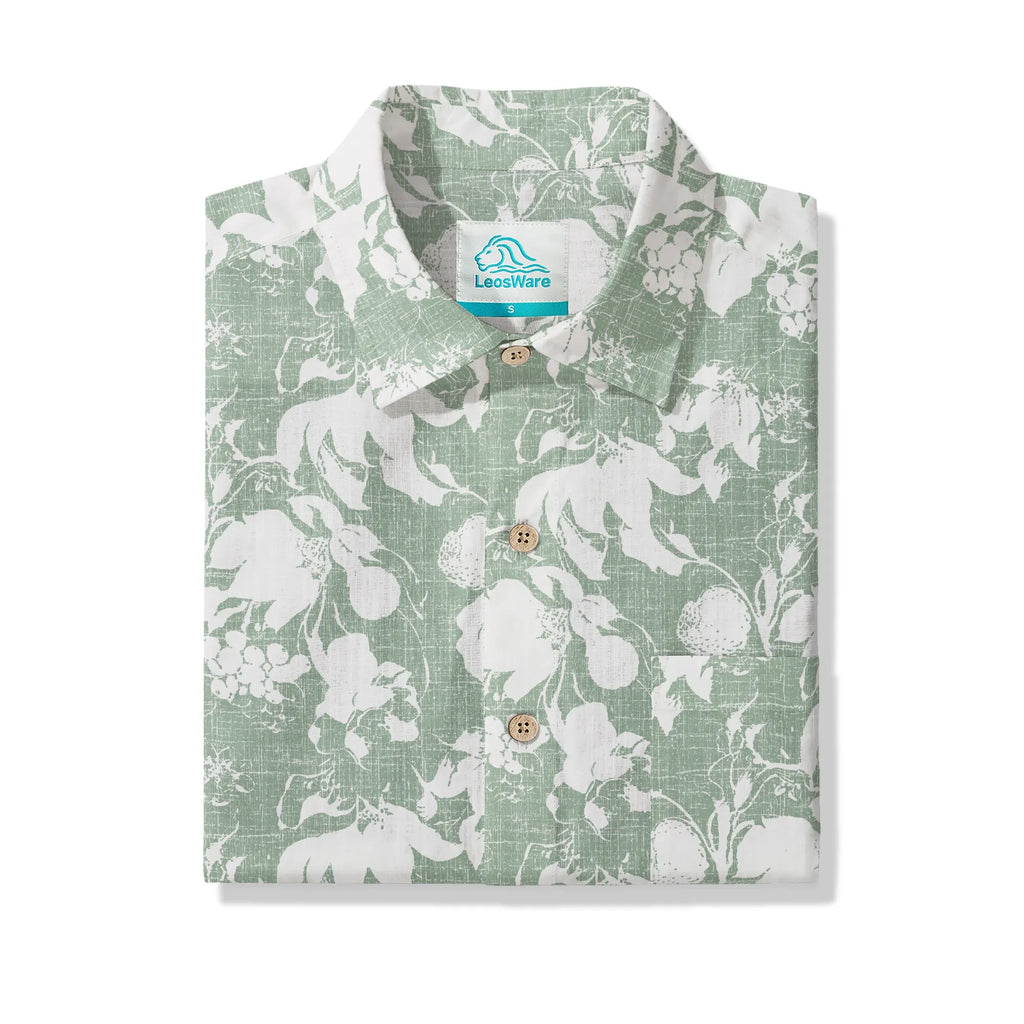 LeosWare® Flower Men's Hawaiian Shirt Short Sleeve Button-up 100% Cotton Green Aloha Verdant Memoirs