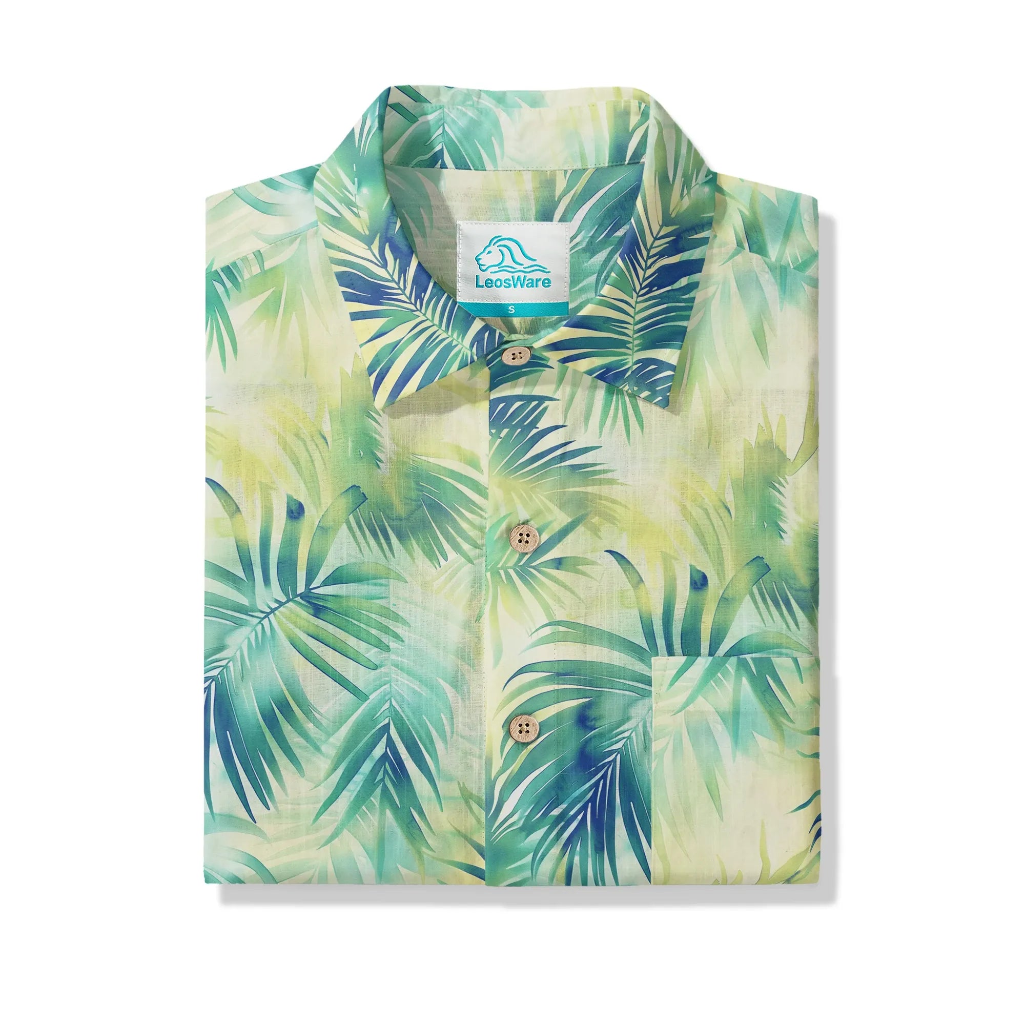 LeosWare® Plant Men's Hawaiian Shirt Short Sleeve Button-up 100% Cotton Green Aloha Coconut Breeze - Summer Delight