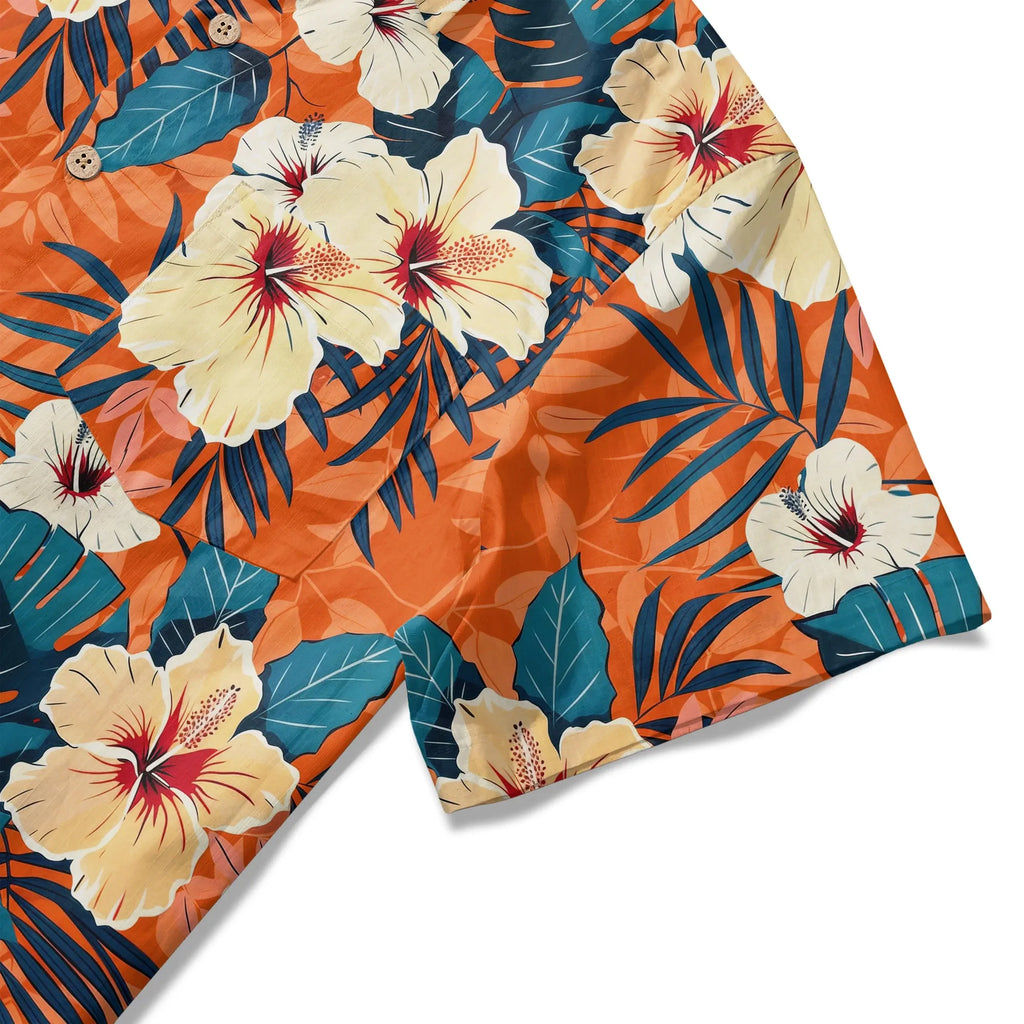 LeosWare® Men's Hawaiian Shirt Short Sleeve Button-up 100% Cotton Orange Aloha Blooming Orange Hibiscus