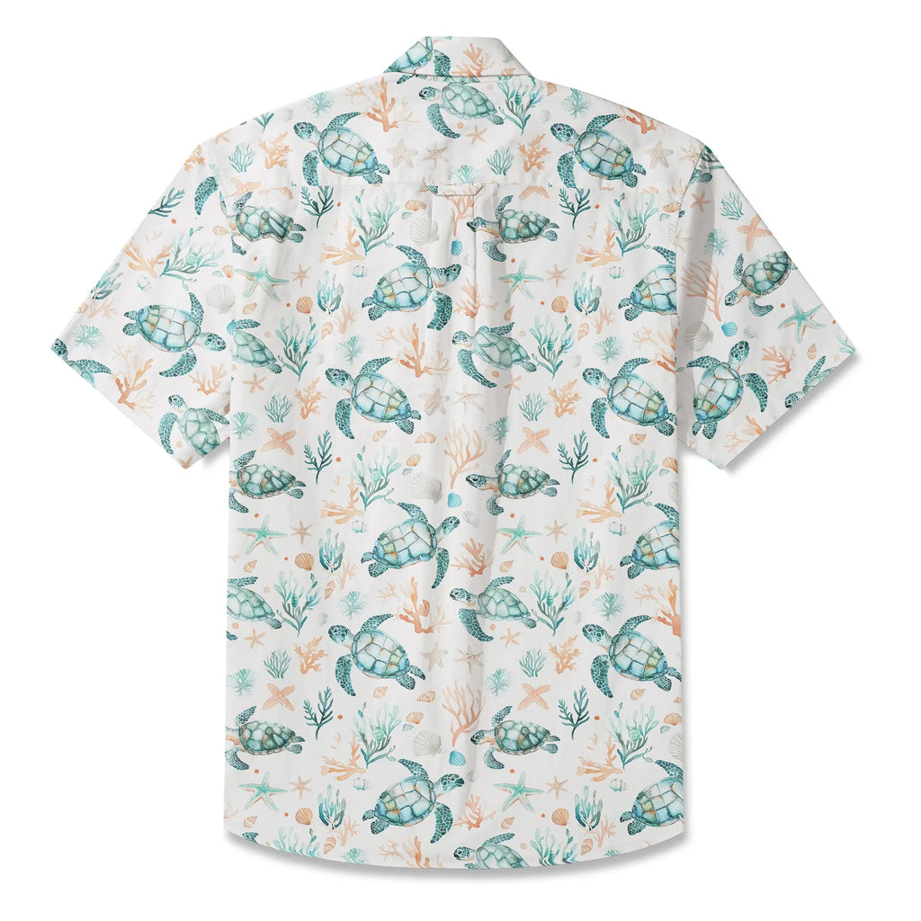 LeosWare® Men's Hawaiian Shirt Short Sleeve Button-up 100% Cotton Blue Aloha Coral Wonderland Of The Sea Turtle
