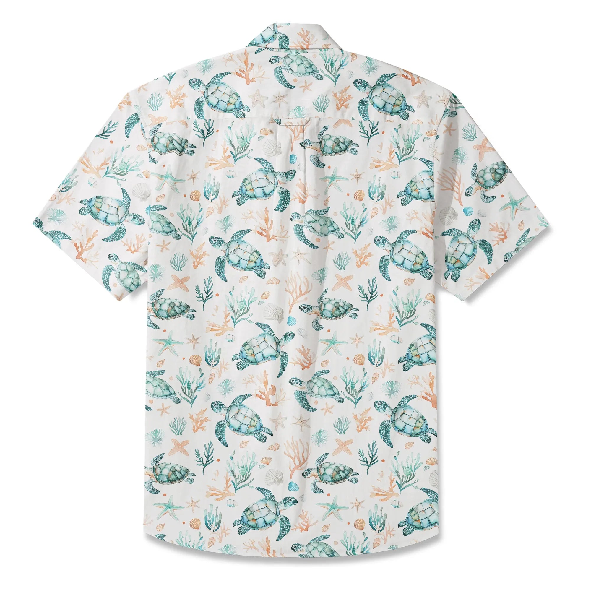 LeosWare® Men's Hawaiian Shirt Short Sleeve Button-up 100% Cotton Blue Aloha Coral Wonderland Of The Sea Turtle