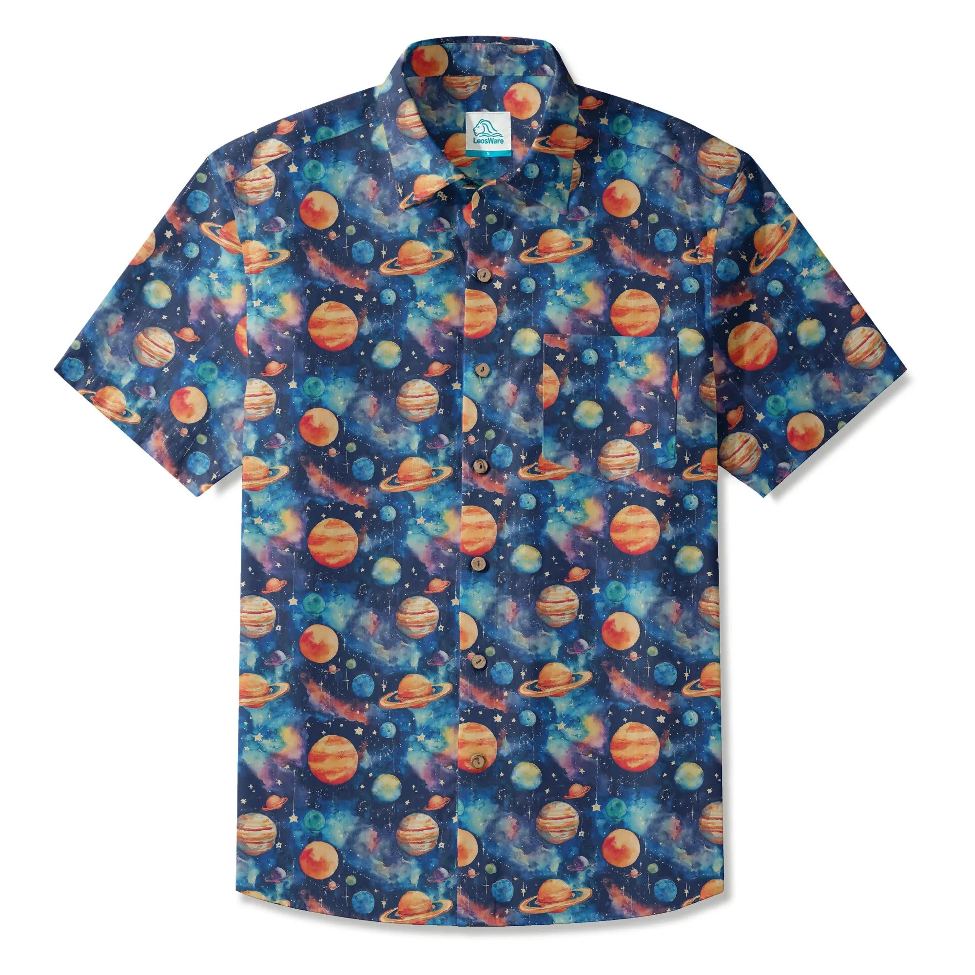 LeosWare® Men's Hawaiian Shirt Short Sleeve Button-up 100% Cotton Blue Aloha Starry Journey
