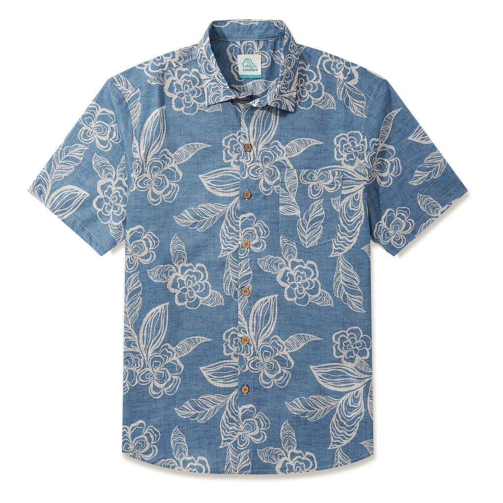 LeosWare® Men's Hawaiian Shirt Short Sleeve Button-up 100% Cotton Blue Aloha Light Blue Elegant Florals