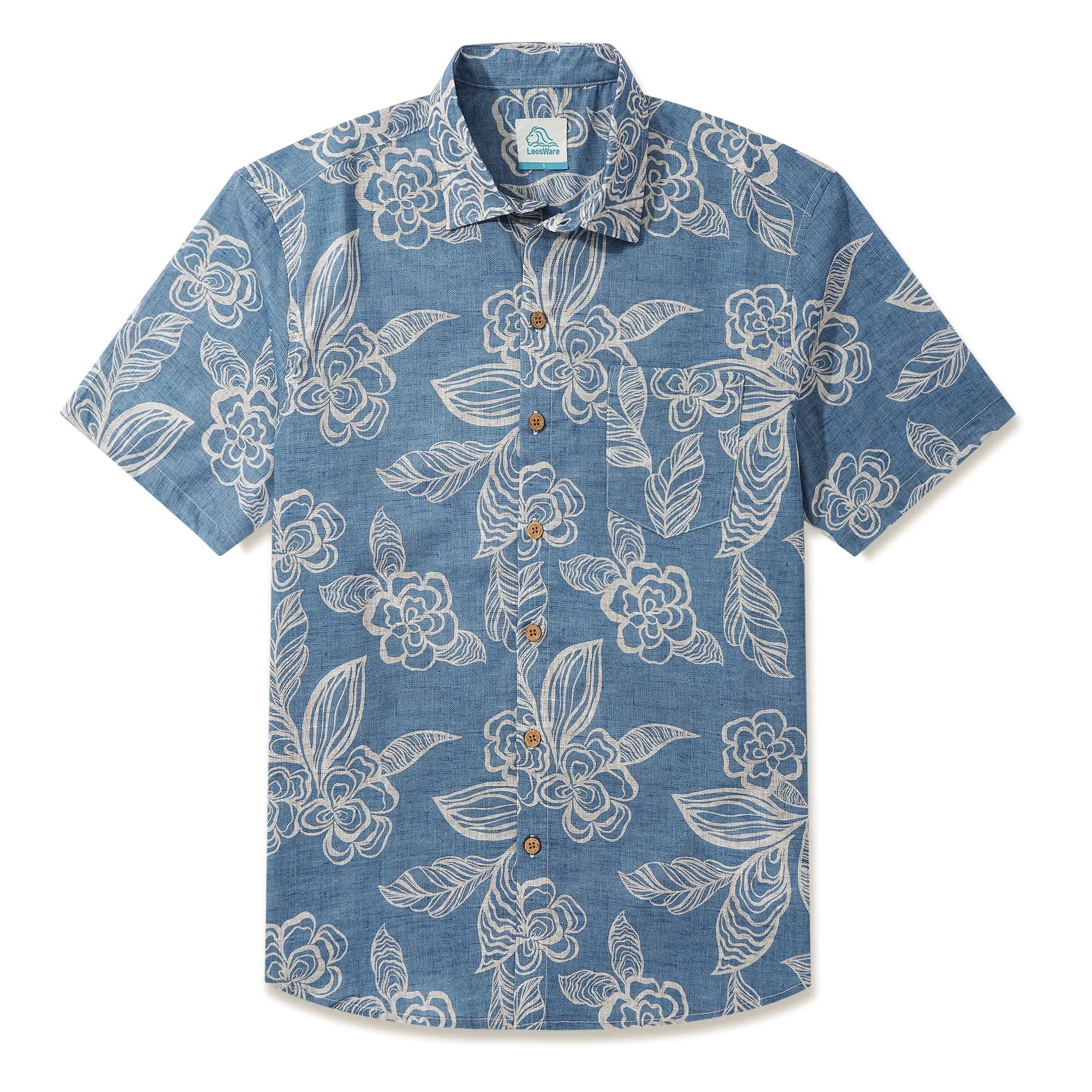 LeosWare® Men's Hawaiian Shirt Short Sleeve Button-up 100% Cotton Blue Aloha Light Blue Elegant Florals