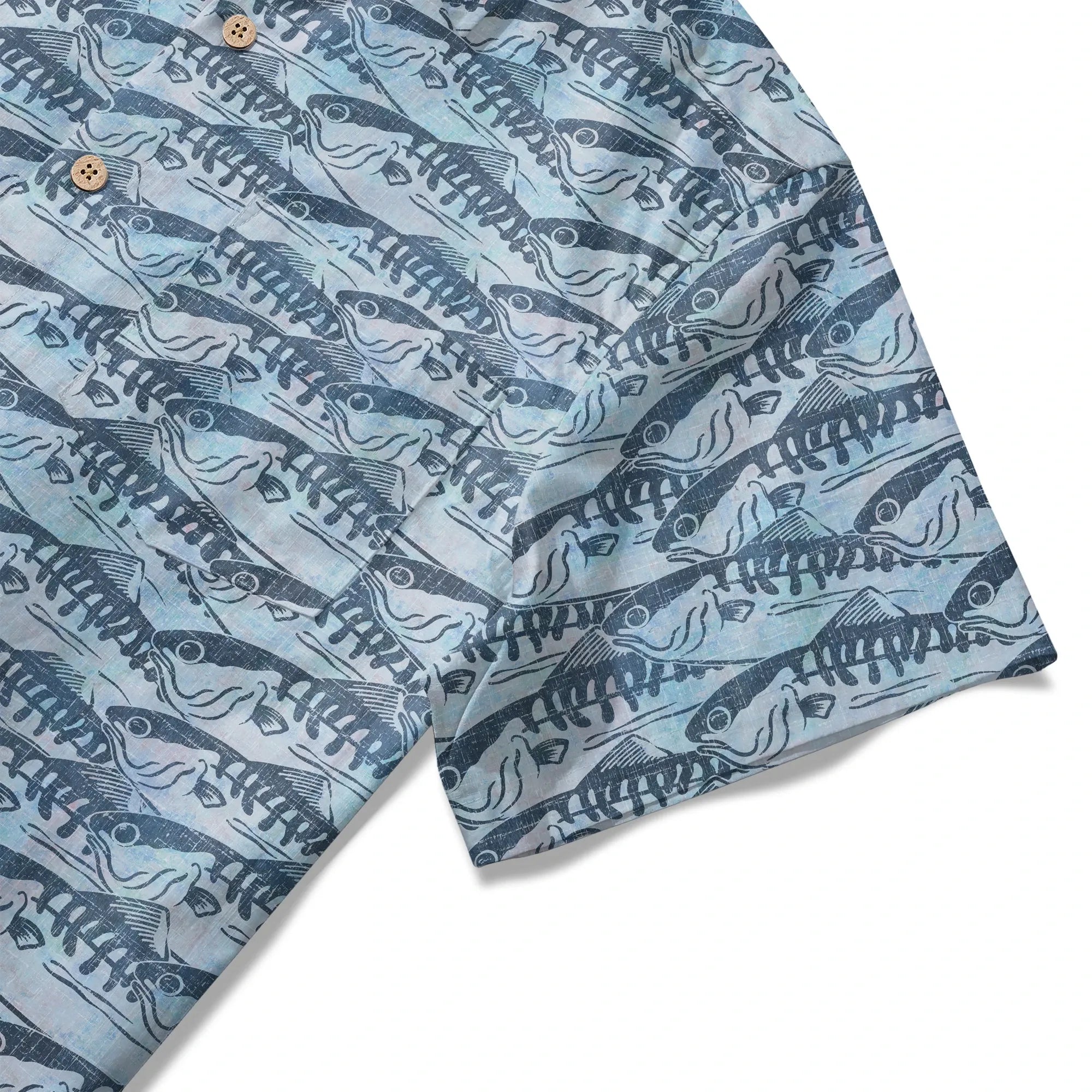 LeosWare® Men's Hawaiian Shirt Short Sleeve Button-up 100% Cotton Blue Aloha Ink Wave Fish Formation