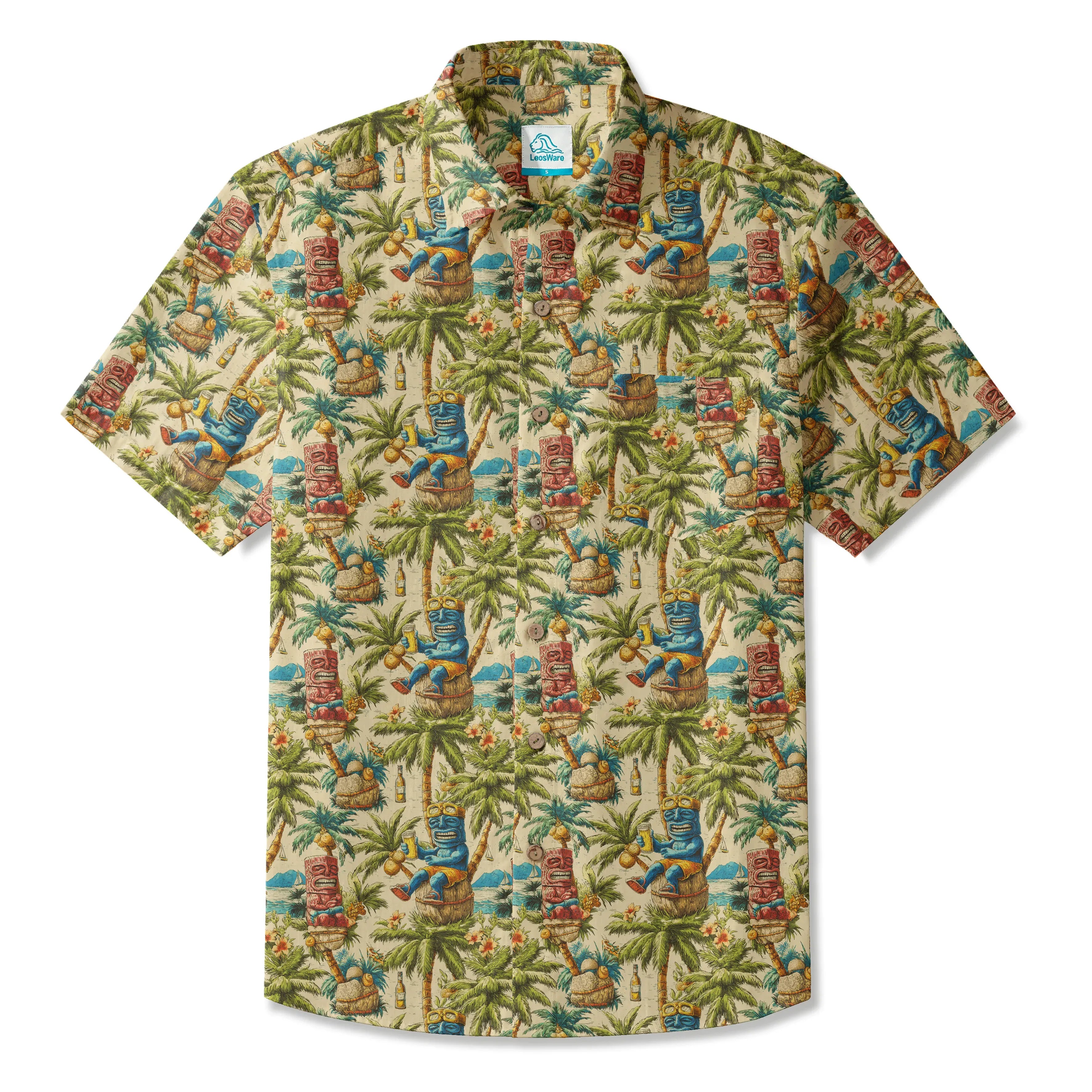 LeosWare® Men's Hawaiian Shirt Short Sleeve Button-up 100% Cotton Green Aloha Tiki's Coconut Grove Blissful Holiday