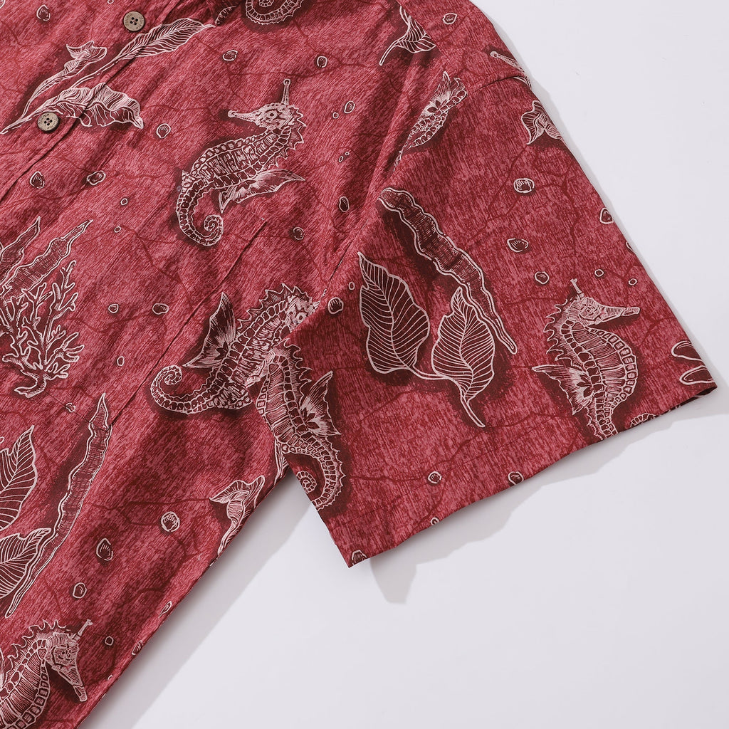 Red Hawaiian Shirt For Men Seahorses Shirt Button-down Short Sleeve 100% Cotton Shirt