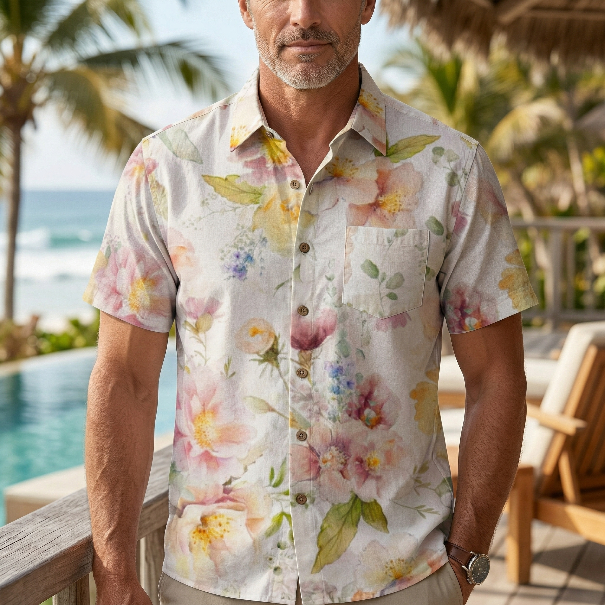LeosWare® Men's Hawaiian Shirt Short Sleeve Button-up 95% Polyester, 5% Spandex Aloha Field Of Comfort