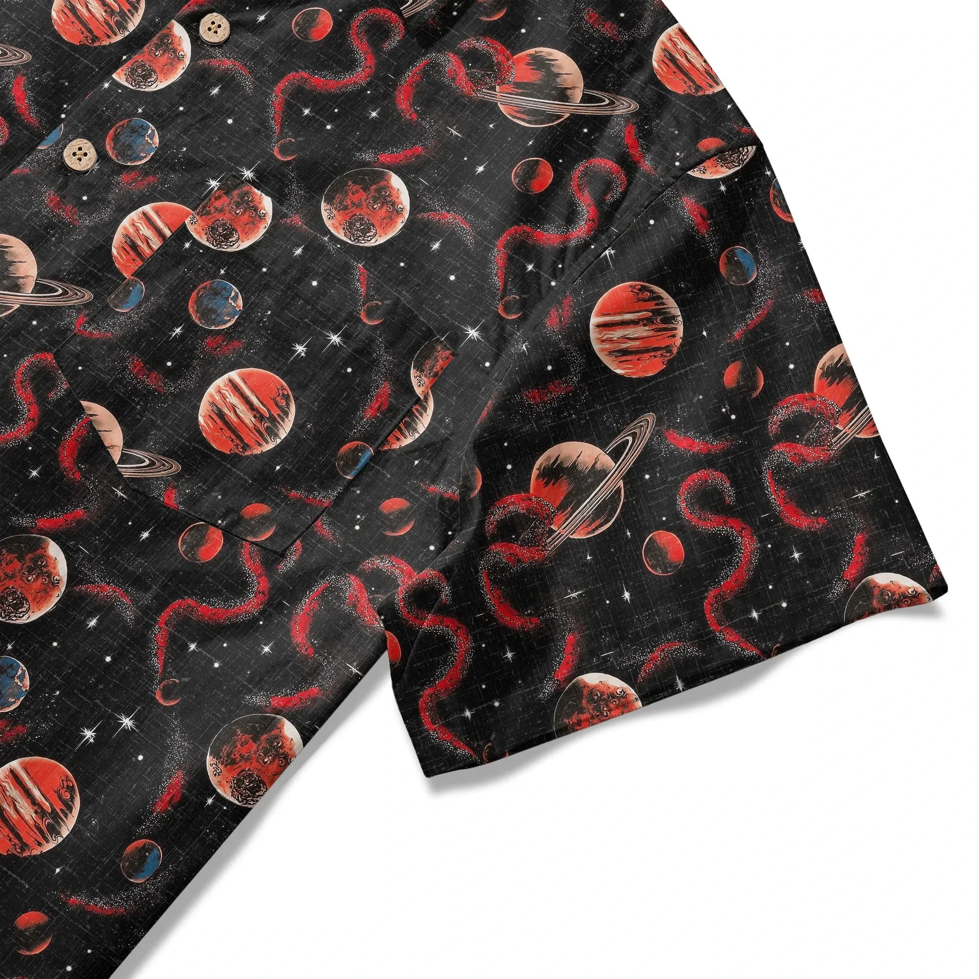LeosWare® Men's Hawaiian Shirt Short Sleeve Button-up 100% Cotton Black Apace Aloha Crimson Celestial River