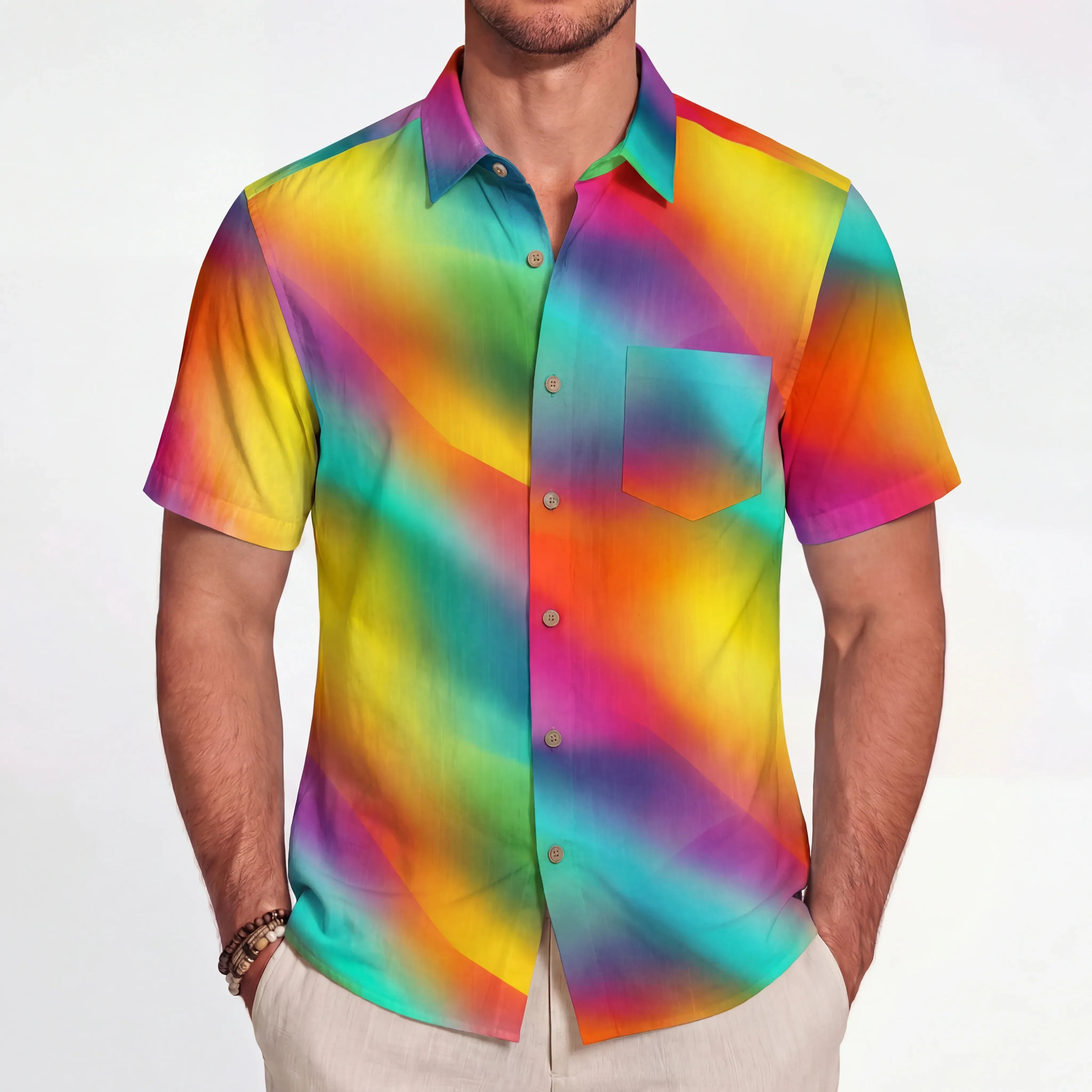 LeosWare® Men's Hawaiian Shirt Short Sleeve Button-up 100% Cotton Green Aloha Rainbow Nest