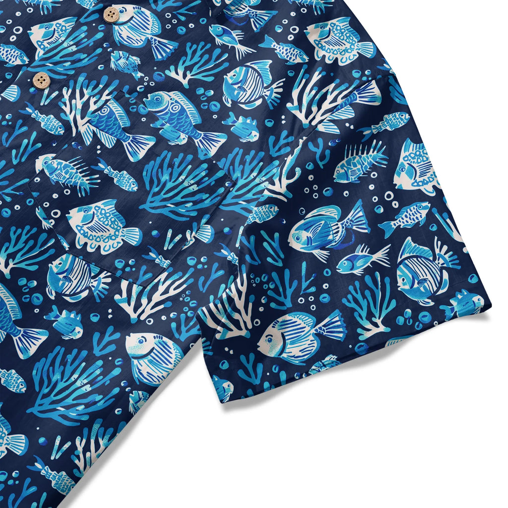 LeosWare® Men's Hawaiian Shirt Short Sleeve Button-up 100% Cotton Blue Coral Aloha Deep Blue Fish Whisper