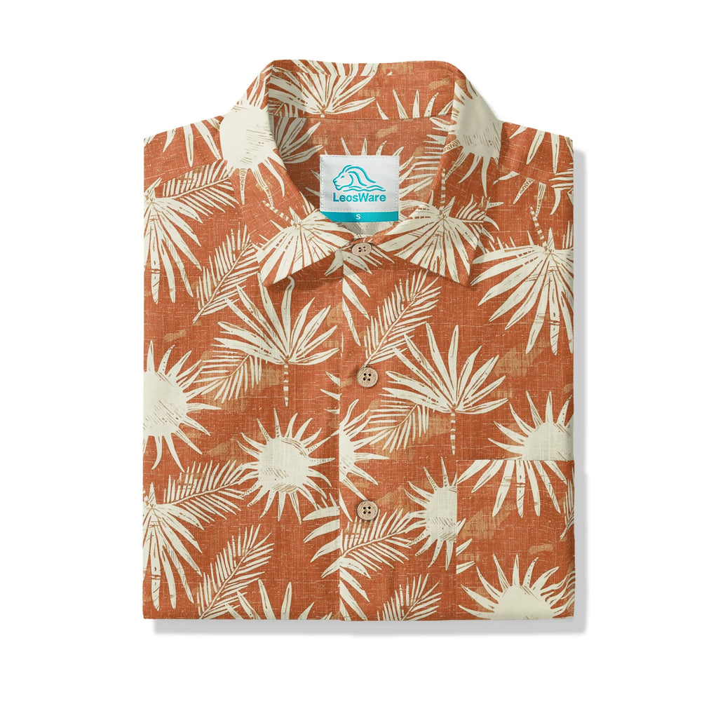 LeosWare® Men's Hawaiian Shirt Short Sleeve Button-up 100% Cotton Orange Aloha Orange Brown Coconut Shadow