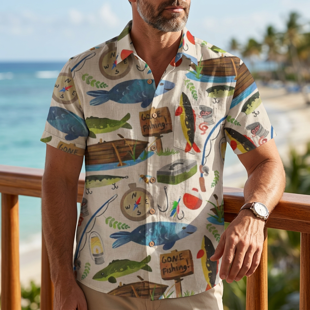 LeosWare® Men's Hawaiian Shirt Short Sleeve Button-up Breathable & Quick-Dry Aloha Gone Fishing