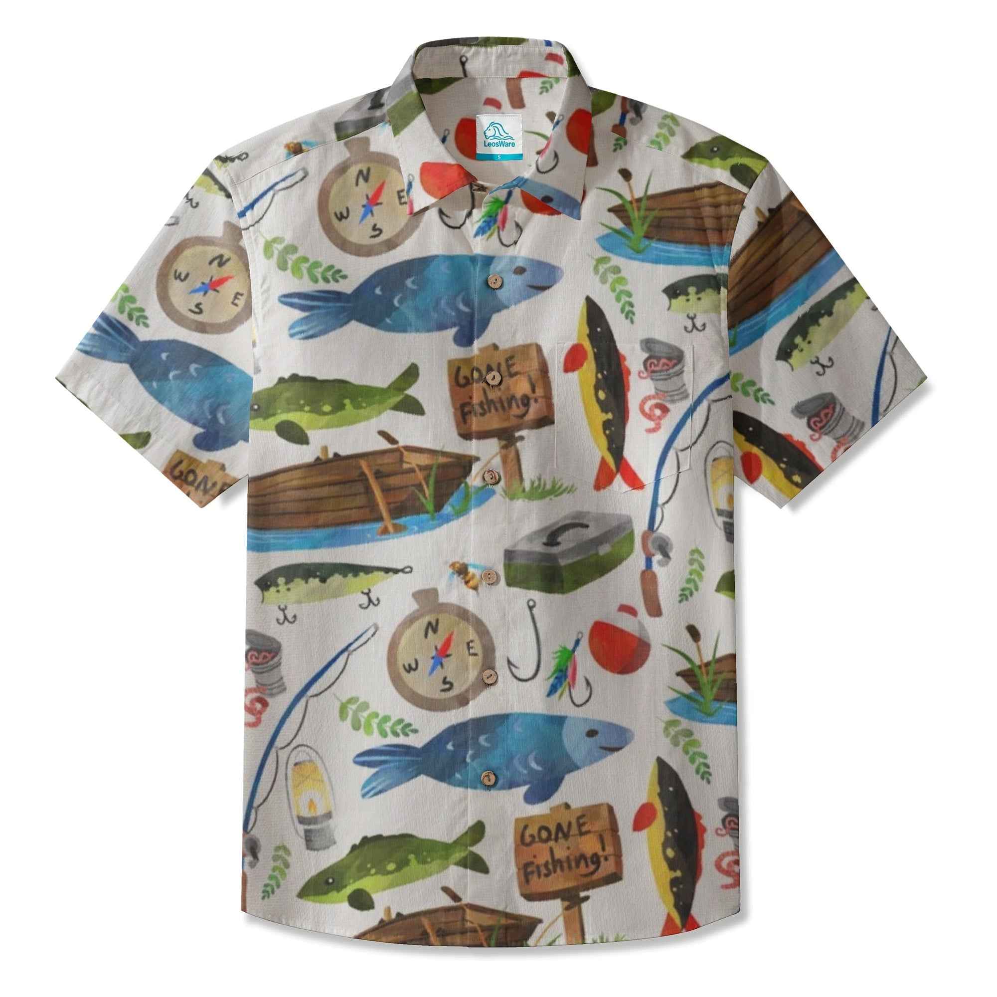 LeosWare® Men's Hawaiian Shirt Short Sleeve Button-up Breathable & Quick-Dry Aloha Gone Fishing
