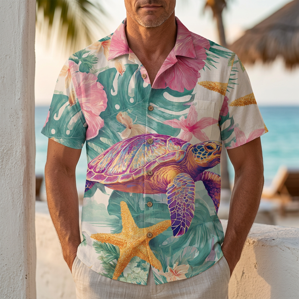 LeosWare® Men's Hawaiian Shirt Short Sleeve Button-up Breathable & Quick-Dry Aloha Tropical Turtle
