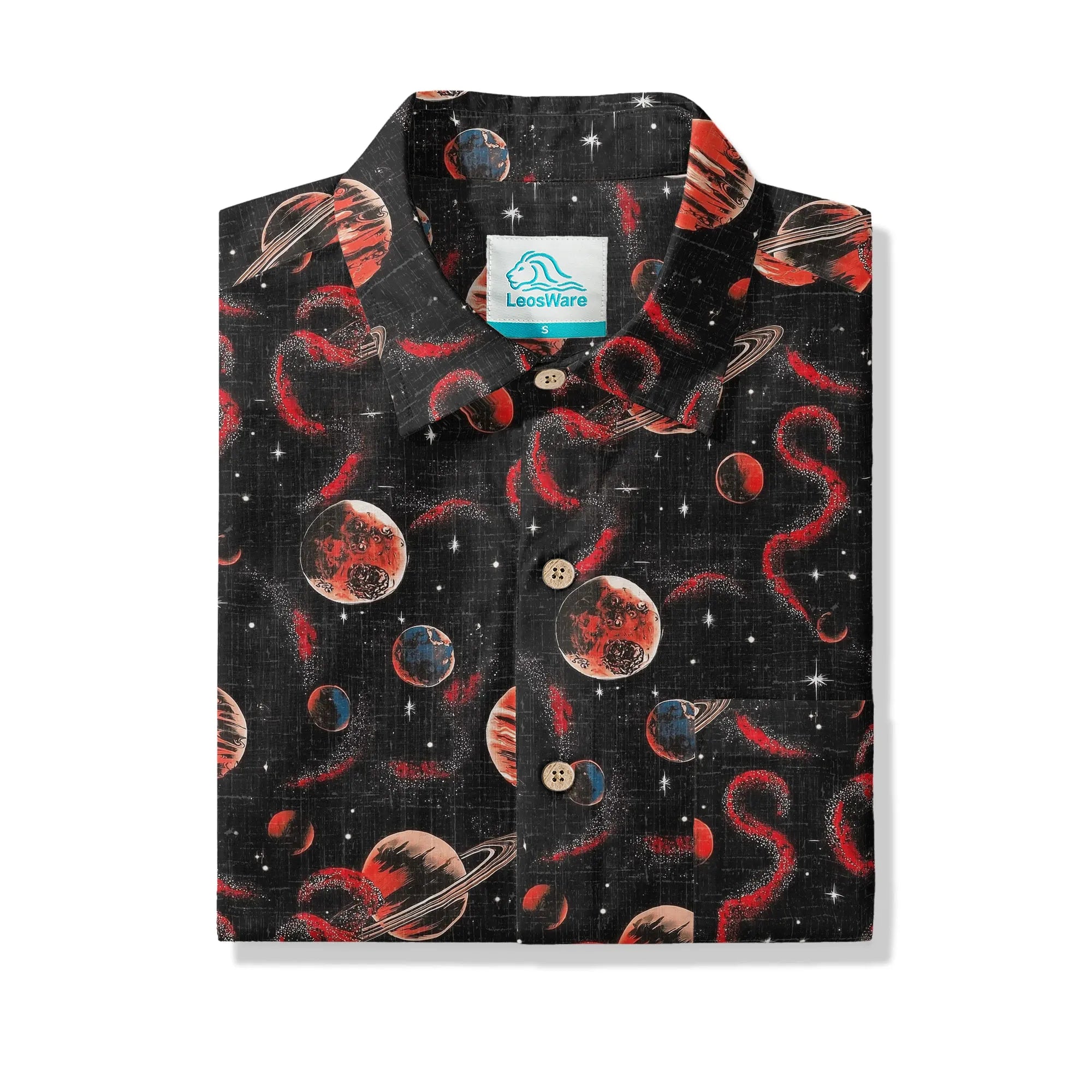 LeosWare® Men's Hawaiian Shirt Short Sleeve Button-up 100% Cotton Black Apace Aloha Crimson Celestial River