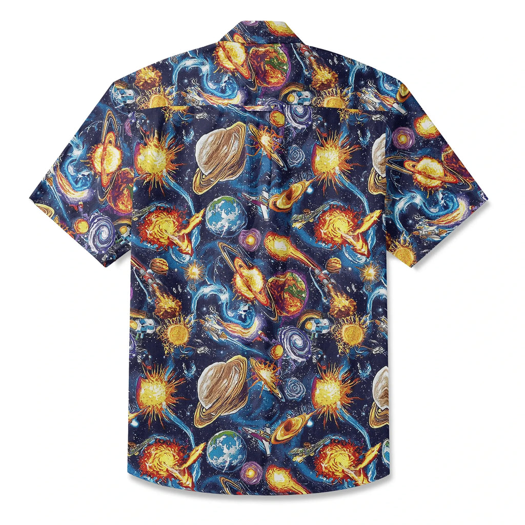 LeosWare® Men's Hawaiian Shirt Short Sleeve Button-up 100% Cotton Blue Aloha Journey Across The Stars