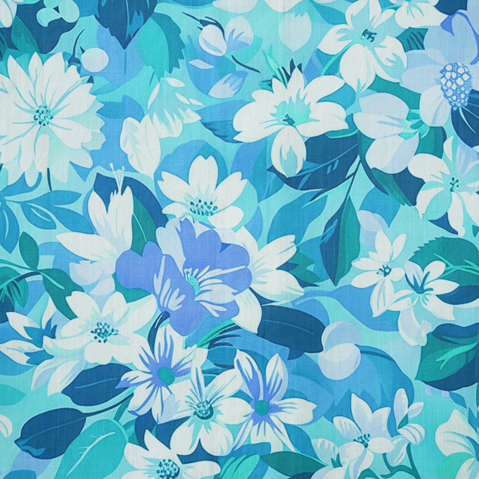 LeosWare® Flower Men's Hawaiian Shirt Short Sleeve Button-up 100% Cotton Blue Aloha Blue Oasis