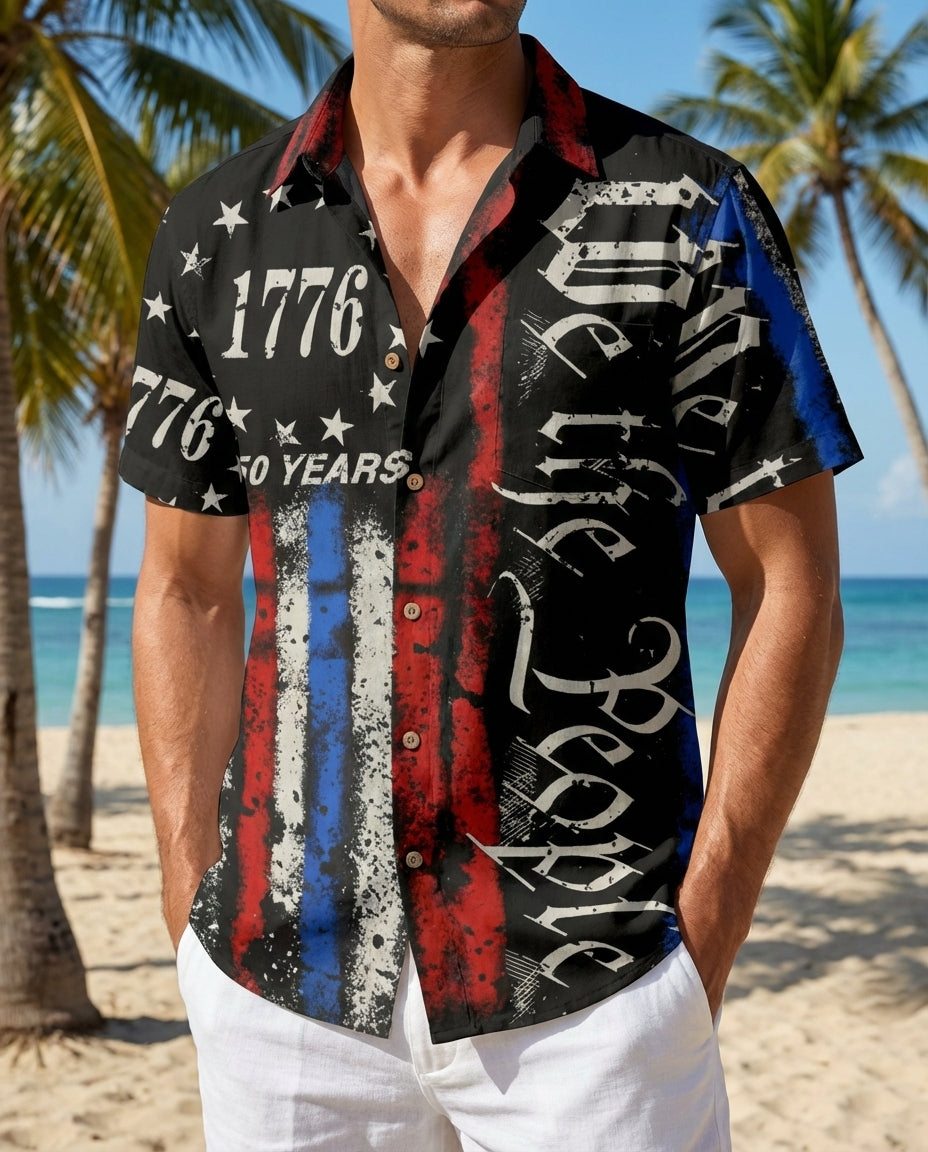 LeosWare® Men's Hawaiian Shirt Short Sleeve Button-up Breathable & Quick-Dry Aloha 250th Anniversary Celebration Of U.s. Independence Day