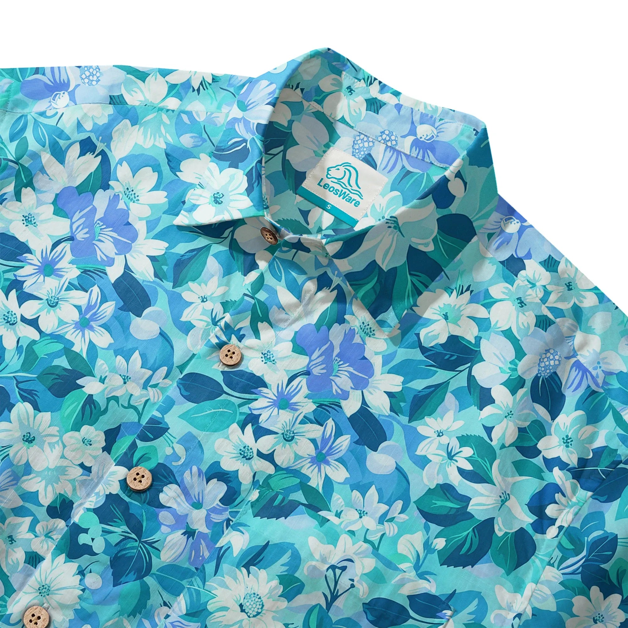LeosWare® Flower Men's Hawaiian Shirt Short Sleeve Button-up 100% Cotton Blue Aloha Blue Oasis