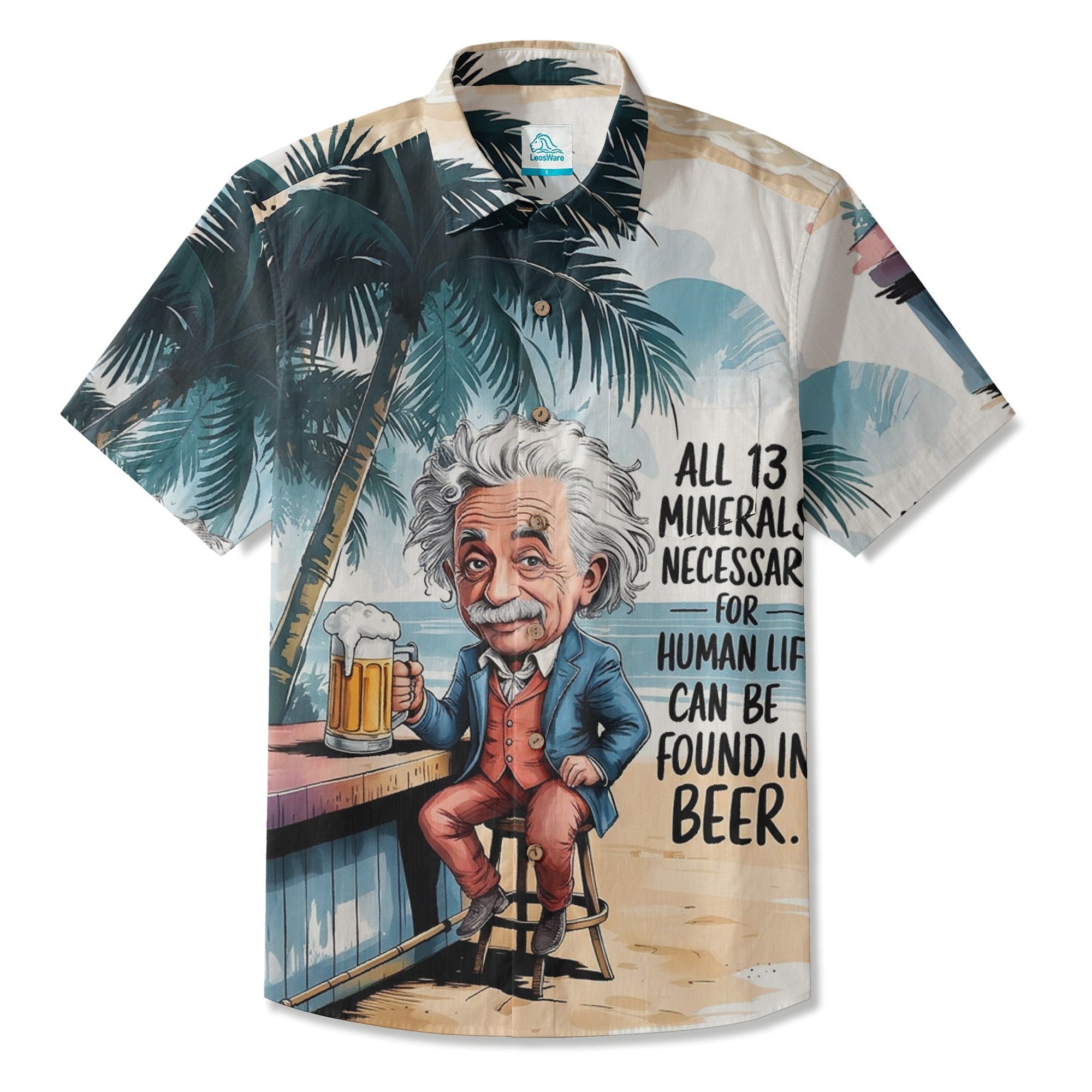 LeosWare® Men's Hawaiian Shirt Short Sleeve Button-up Breathable & Quick-Dry Aloha Seaside Elderly Ale