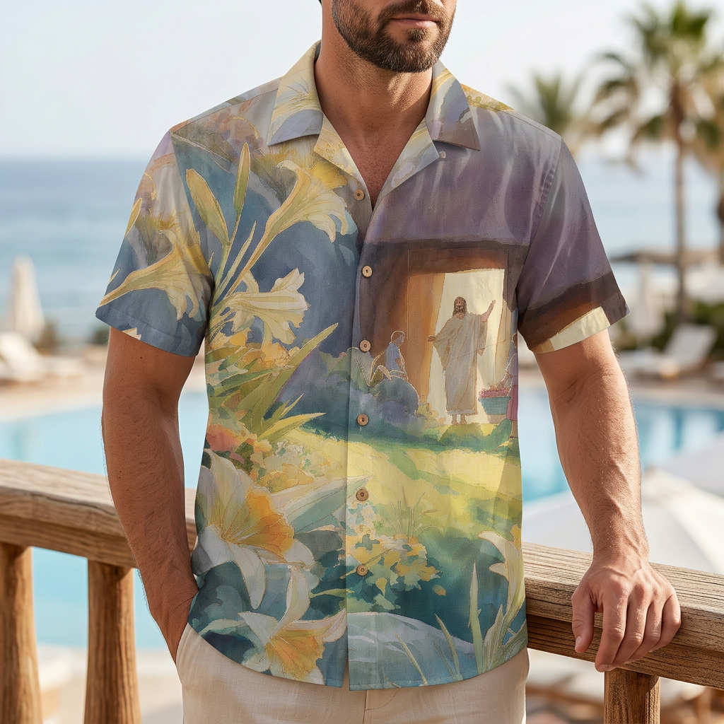 LeosWare® Men's Hawaiian Shirt Short Sleeve Button-up Breathable & Quick-Dry Aloha Easter Garden Soiree