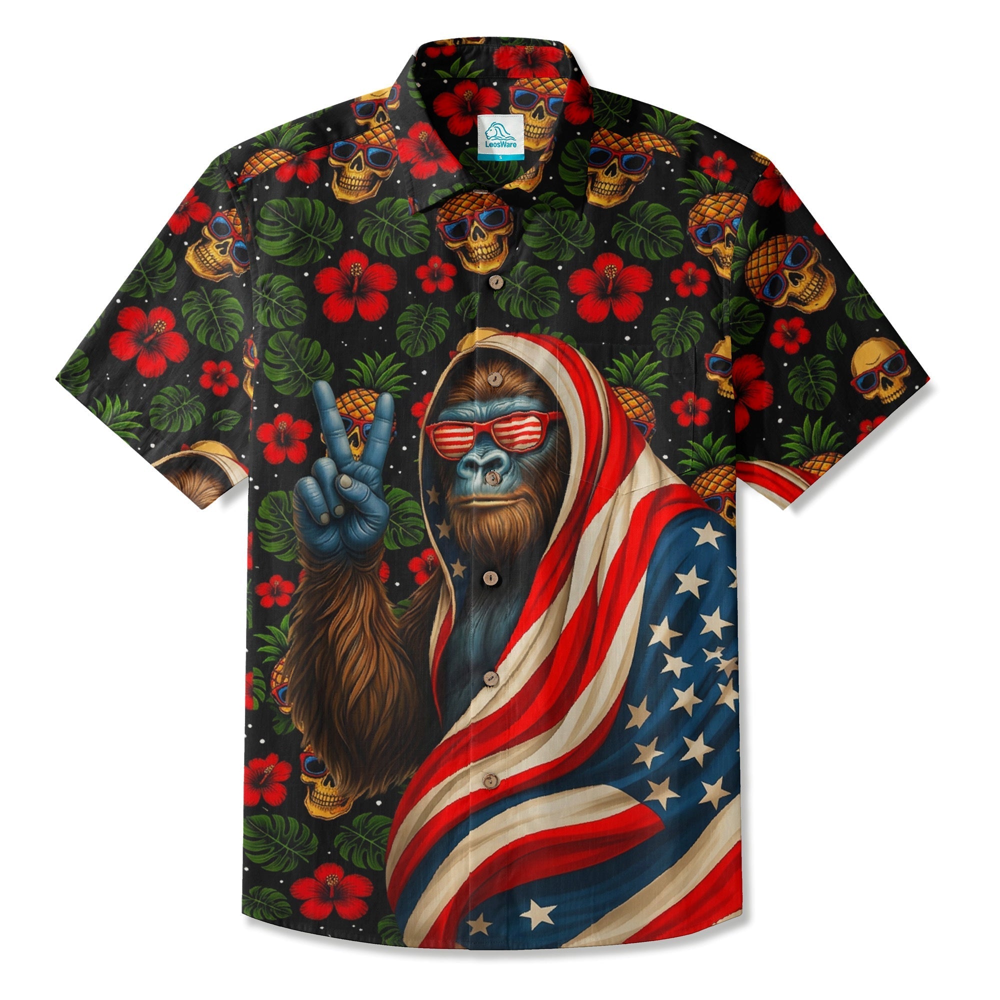 LeosWare® Men's Hawaiian Shirt Short Sleeve Button-up Breathable & Quick-Dry Aloha Bigfoot Floral American Flag
