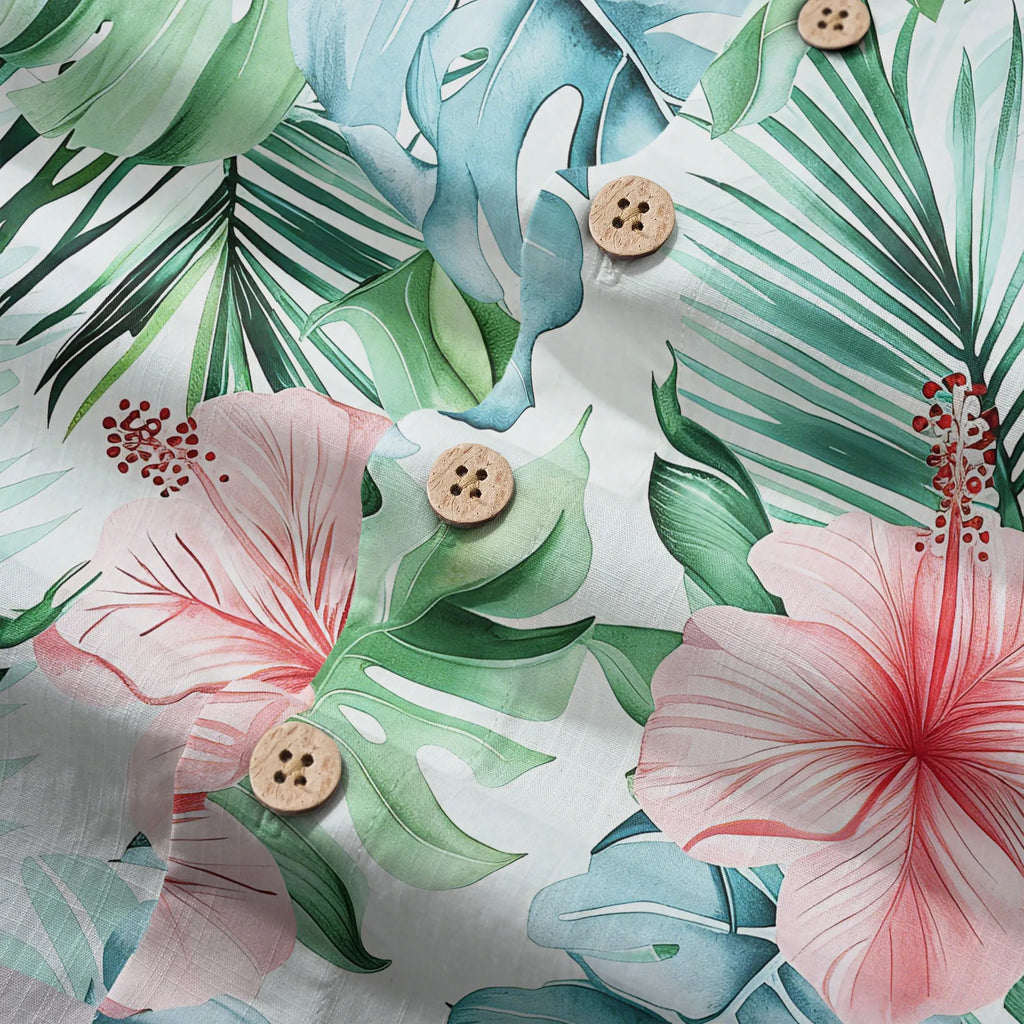 LeosWare® Men's Hawaiian Shirt Short Sleeve Button-up 100% Cotton Green Aloha Powdered Hibiscus Grove