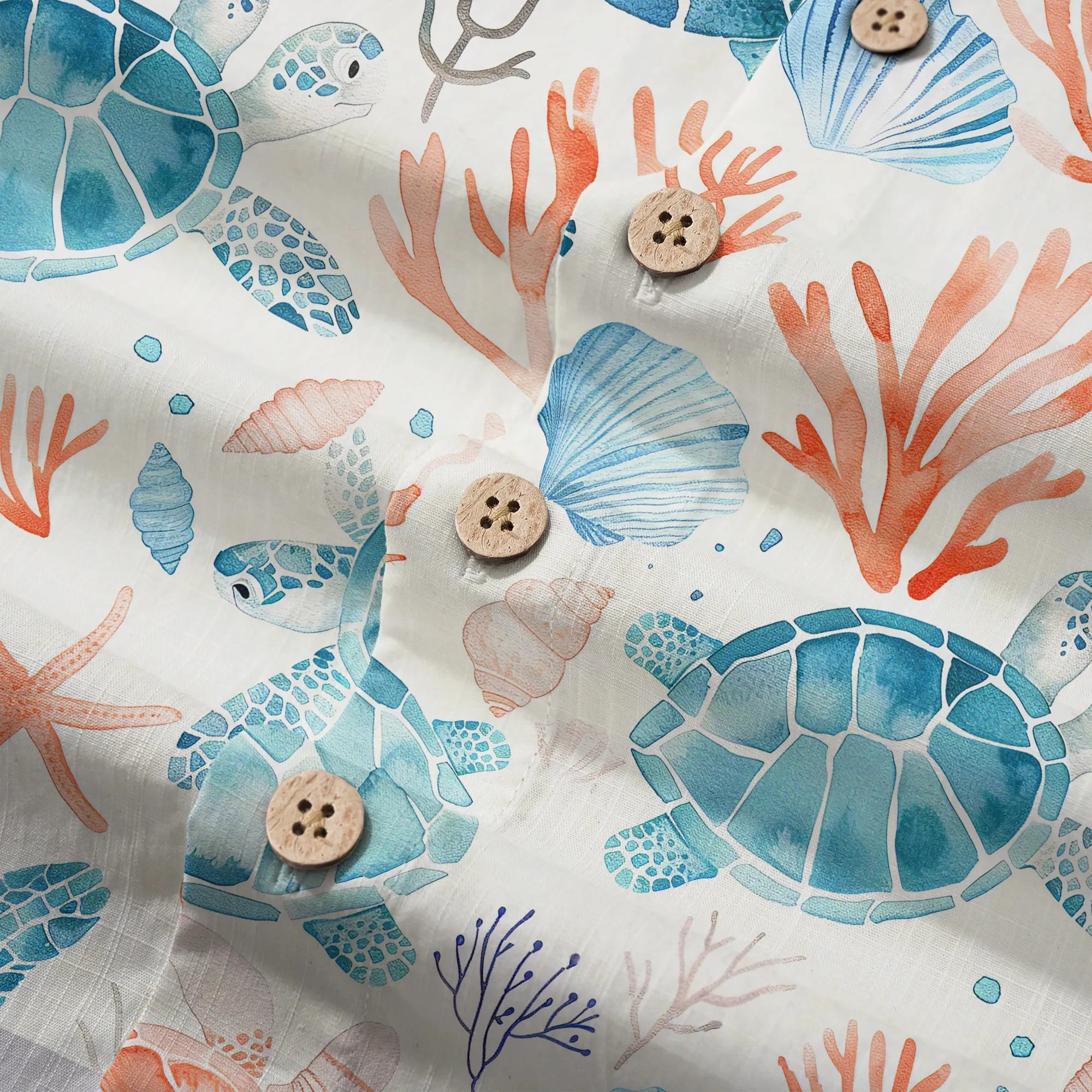 LeosWare® Men's Hawaiian Shirt Short Sleeve Button-up 100% Cotton Blue Aloha Blue Turtle Roaming Coral