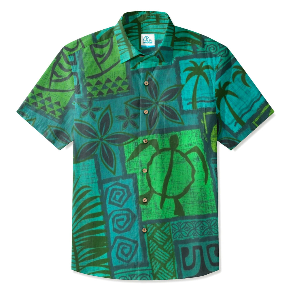 LeosWare® Men's Hawaiian Shirt Short Sleeve Button-up Breathable & Quick-Dry Aloha Tiki Mood(Teal Green)