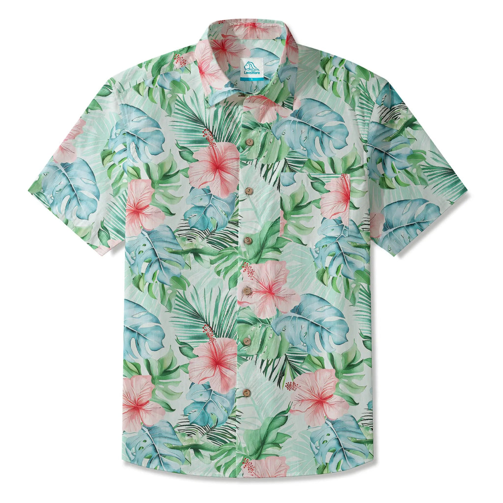 LeosWare® Men's Hawaiian Shirt Short Sleeve Button-up 100% Cotton Green Aloha Powdered Hibiscus Grove