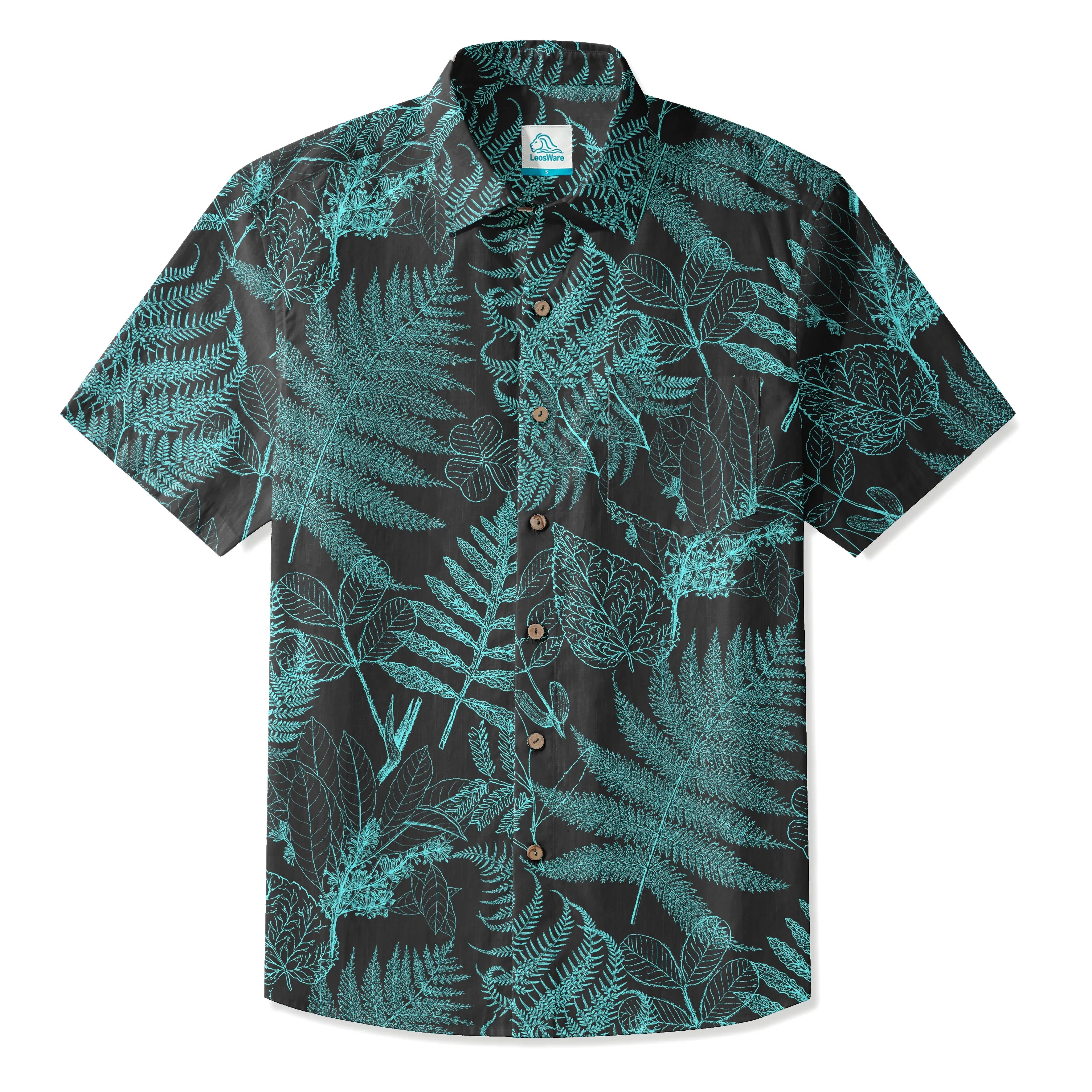 LeosWare® Men's Hawaiian Shirt Short Sleeve Button-up 100% Cotton Blue Aloha Hidden Forest Fern