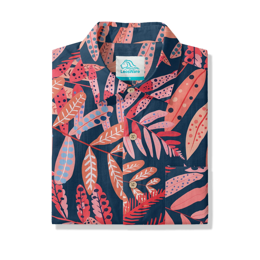 LeosWare® Plant Men's Hawaiian Shirt Short Sleeve Button-up 100% Cotton Red Aloha Crimson Leaf Jungle