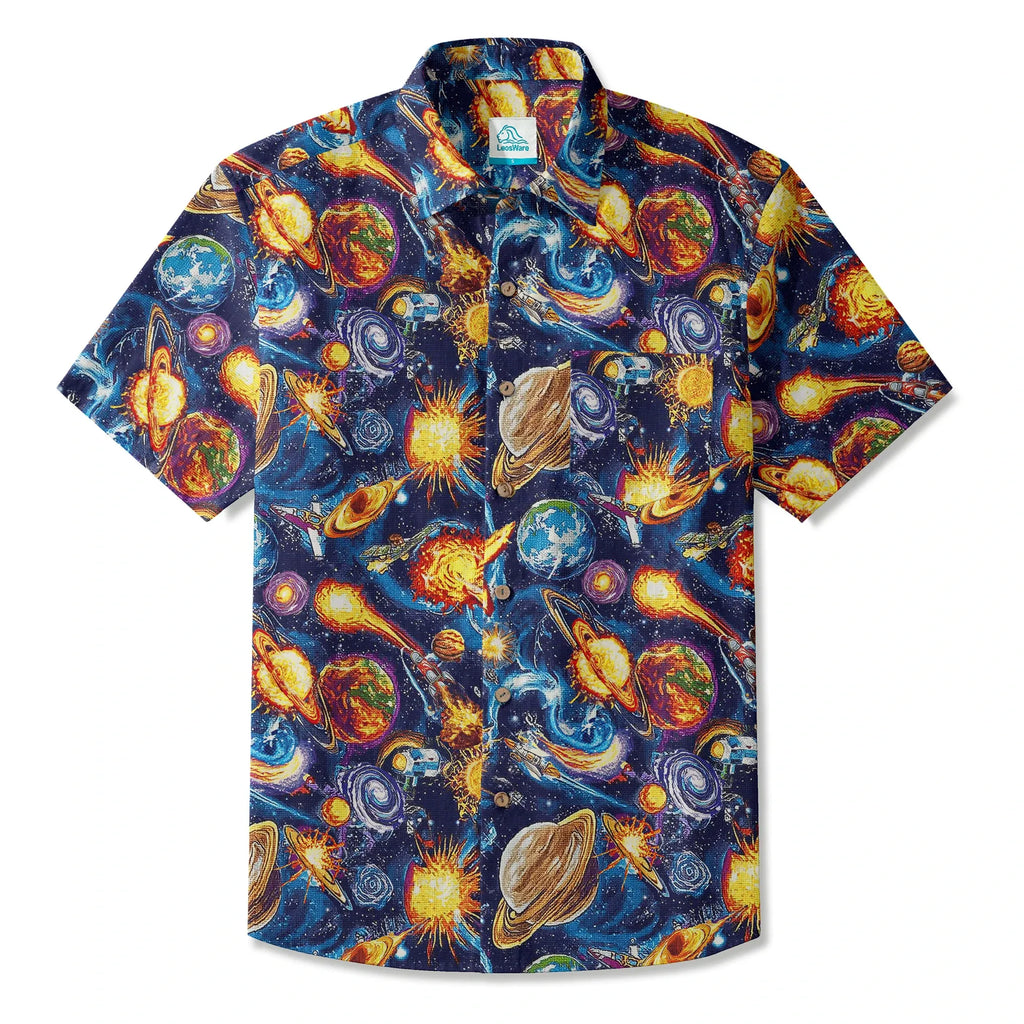 LeosWare® Men's Hawaiian Shirt Short Sleeve Button-up 100% Cotton Blue Aloha Journey Across The Stars
